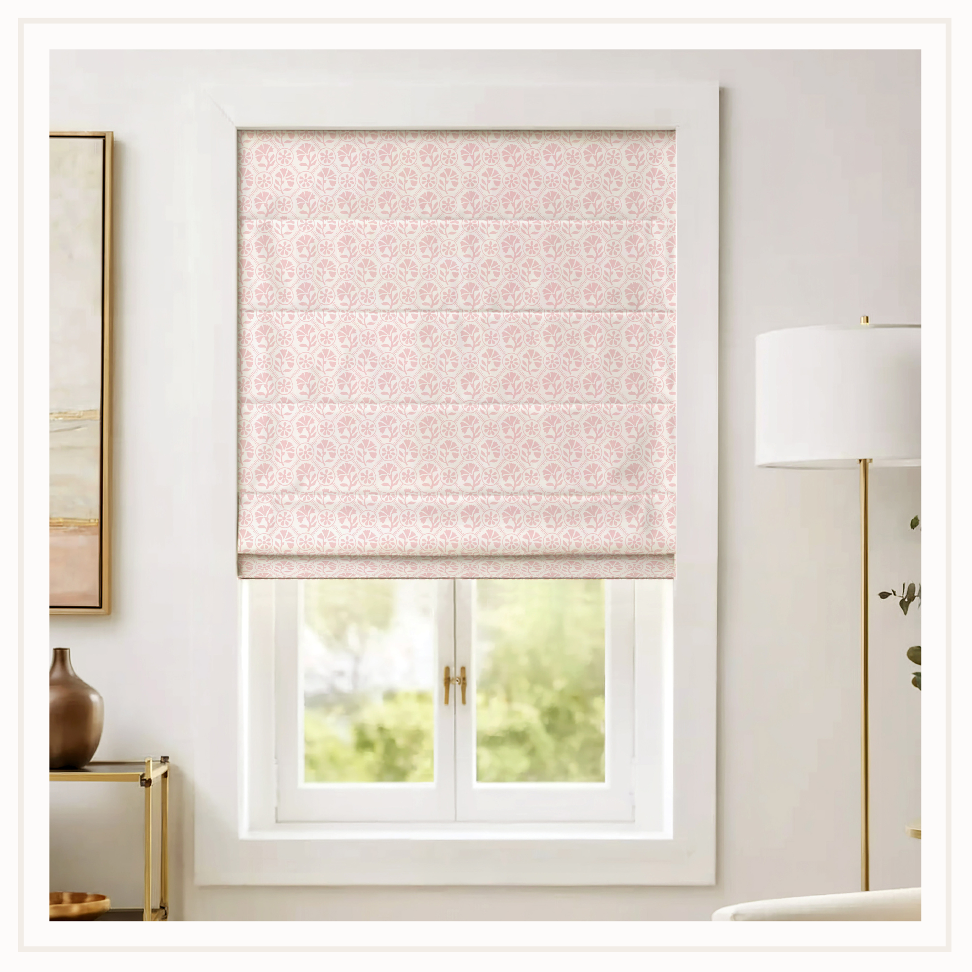 Pink block print roman shade for girl's room