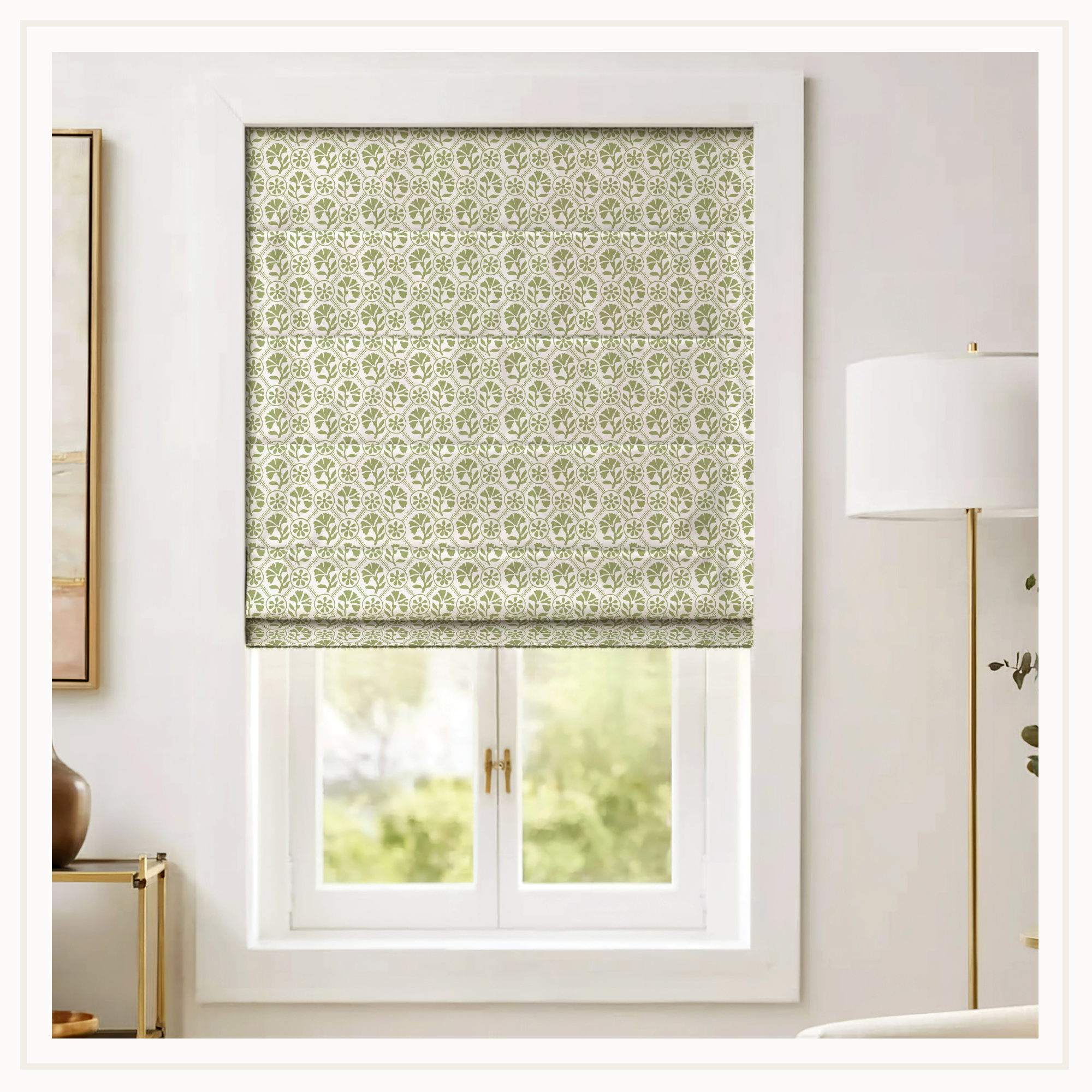 block print roman shade in green