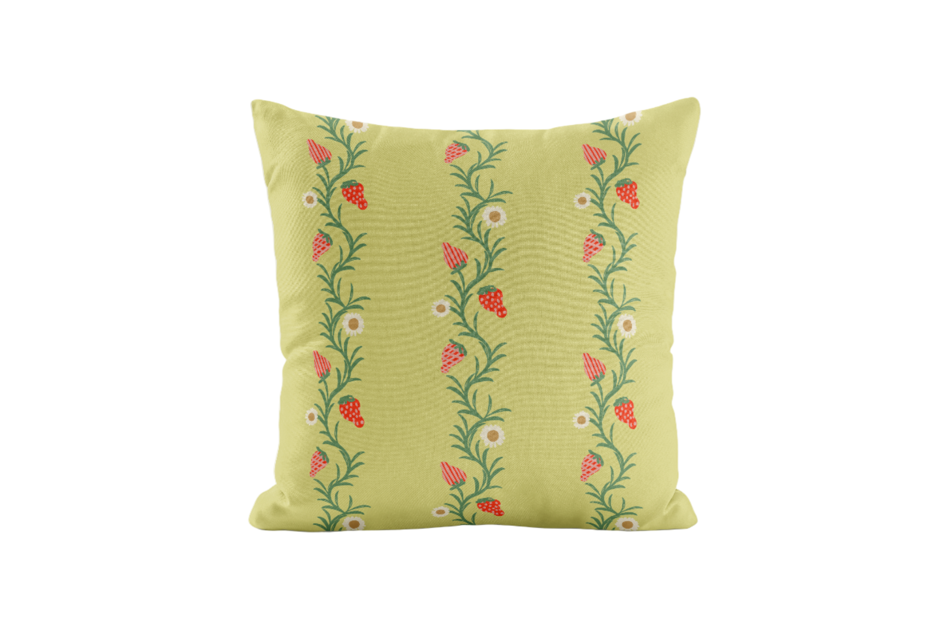 Chartreuse and Red pillow with a strawberry vine pattern