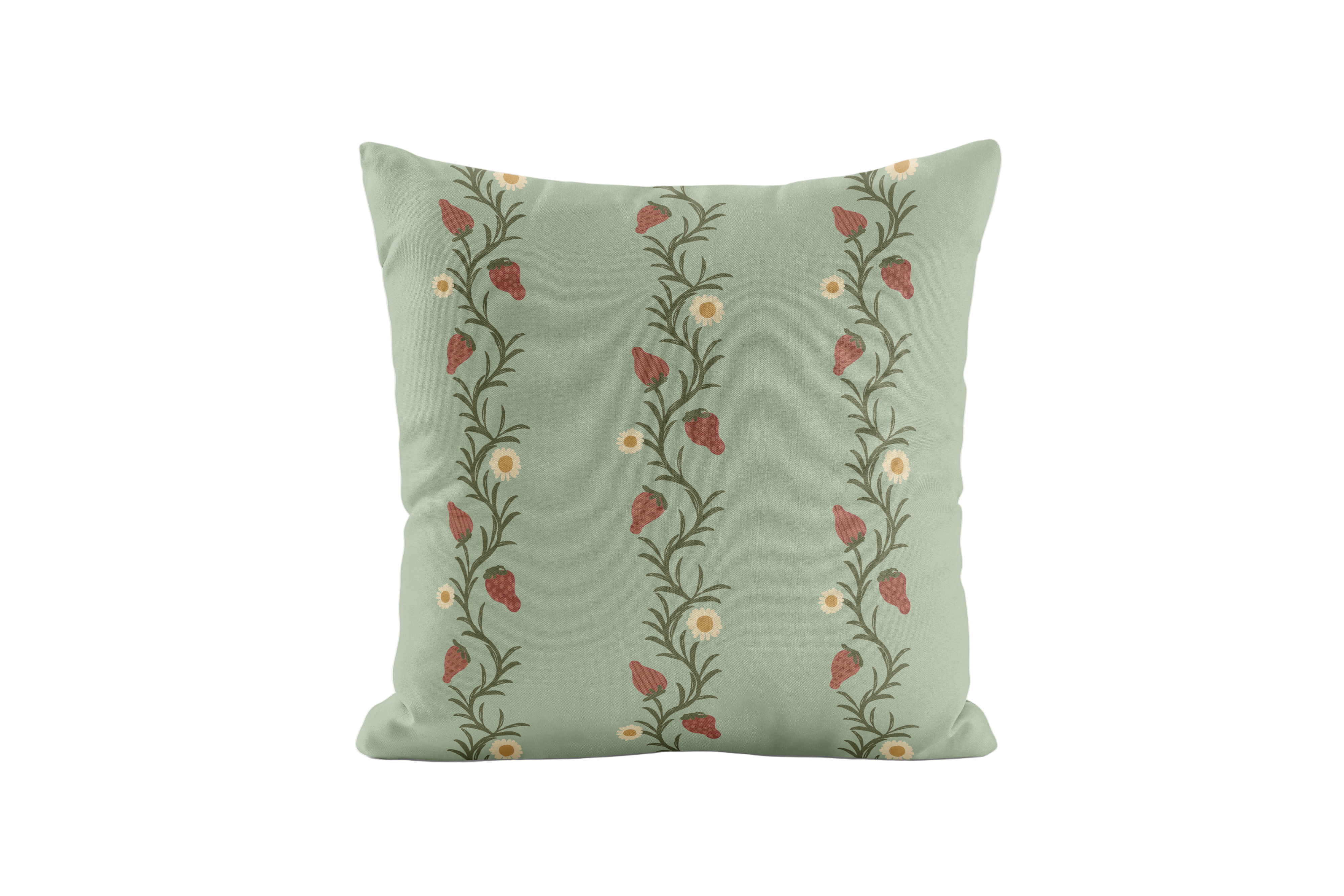 Strawberry vine patterned pillow in green and red.