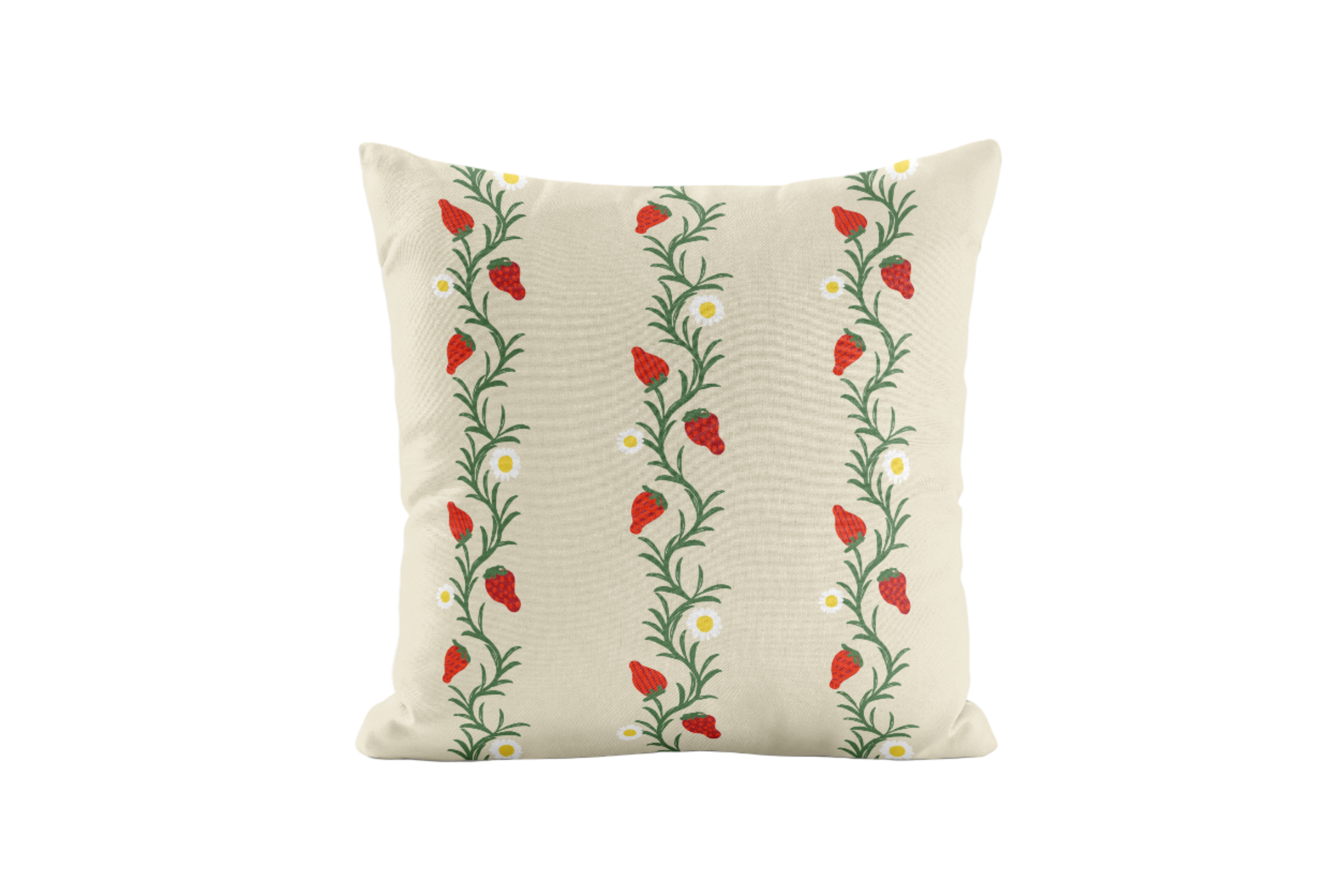 Decorative pillow with strawberry pattern on an ivory background