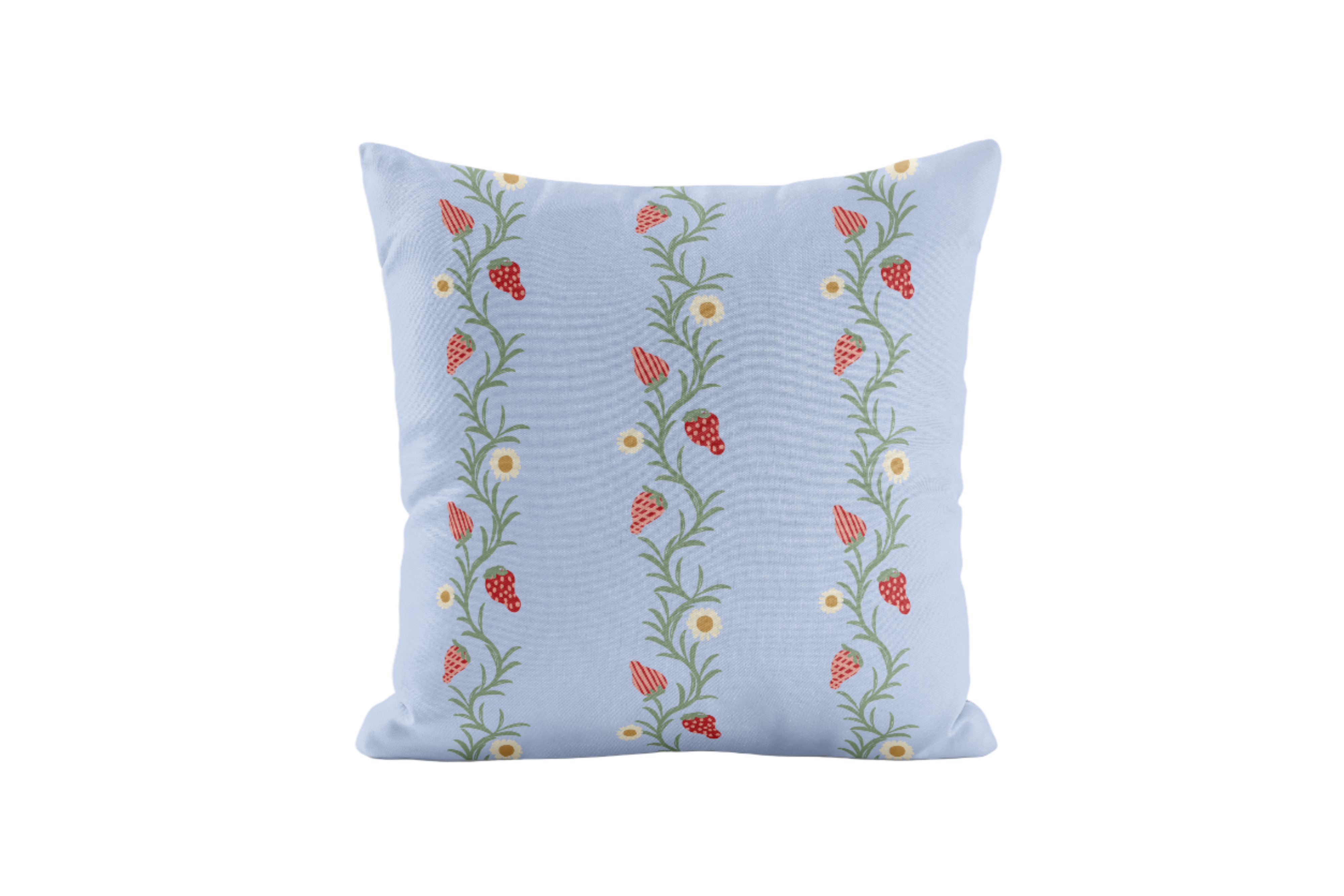 Strawberry vine patterned pillow in periwinkle and red