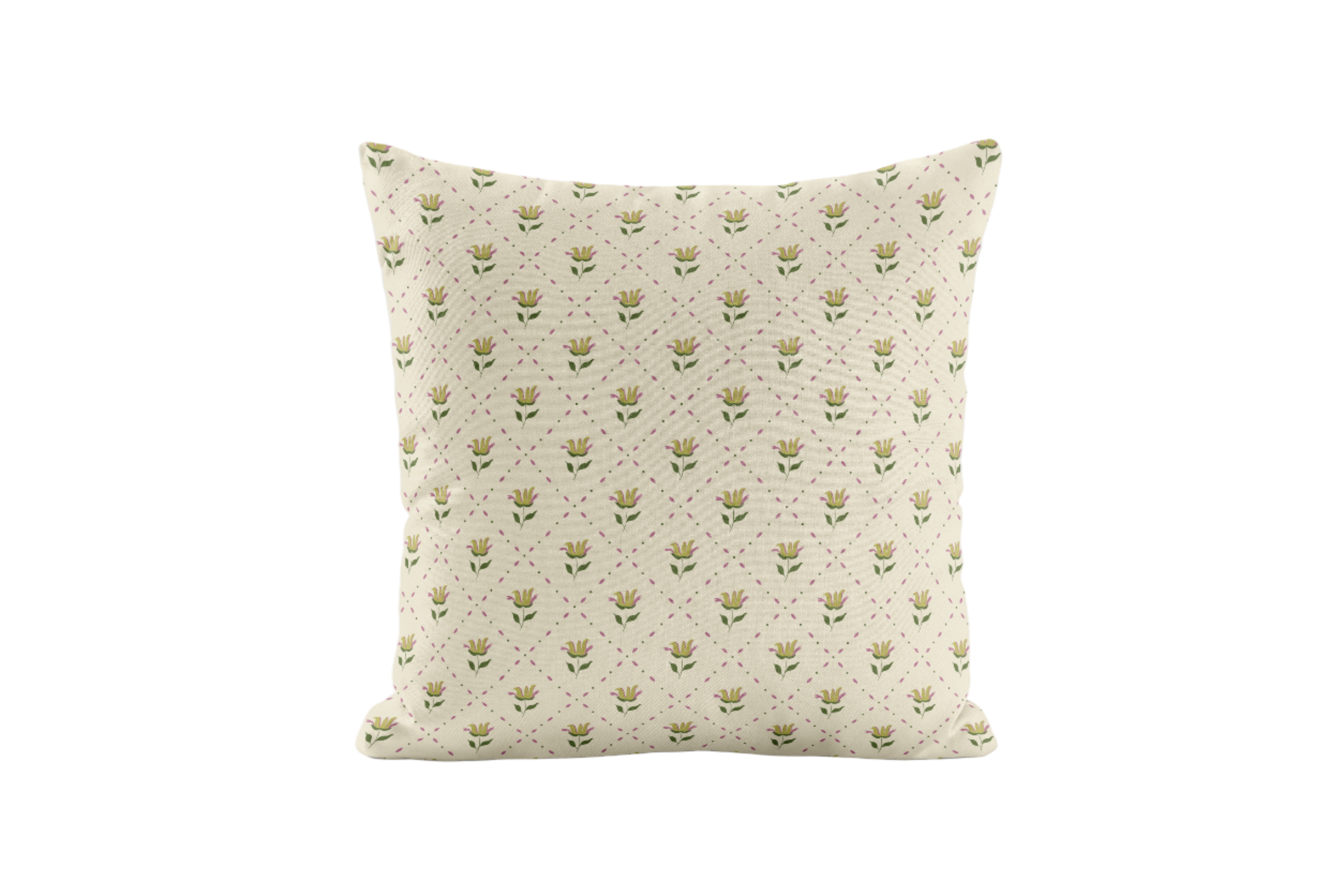 Decorative pillow with floral and trellis pattern in ivory and green