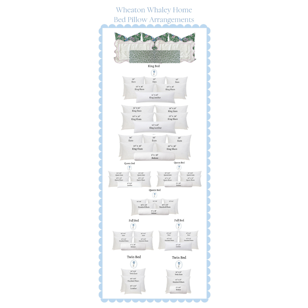 Diagram of Wheaton Whaley Home bed pillow arrangements on a white background