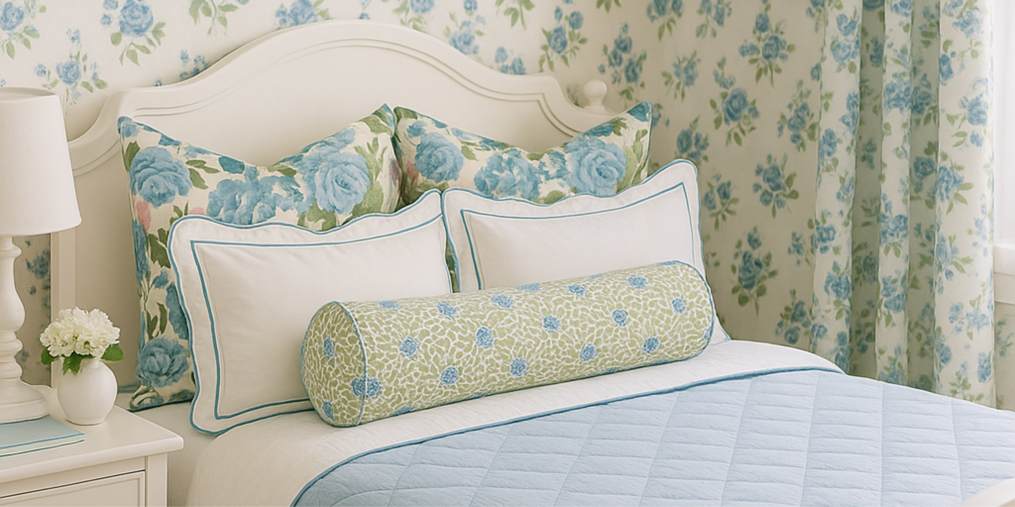 Bedroom with floral headboard, pillows, and curtains.