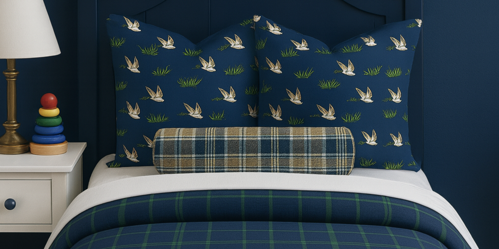 Bed with blue plaid bedding and patterned pillows against a dark blue wall.