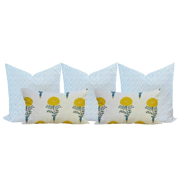Quick Ship Marigold+ Fret Blue Pillow Set for Bed