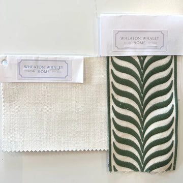 Green and White Wave Tape on Off White Cotton Drapery Panel (Stain & Soil Repellant)