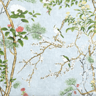 Botanical pattern with flowers, leaves, and branches on a light blue background fabric