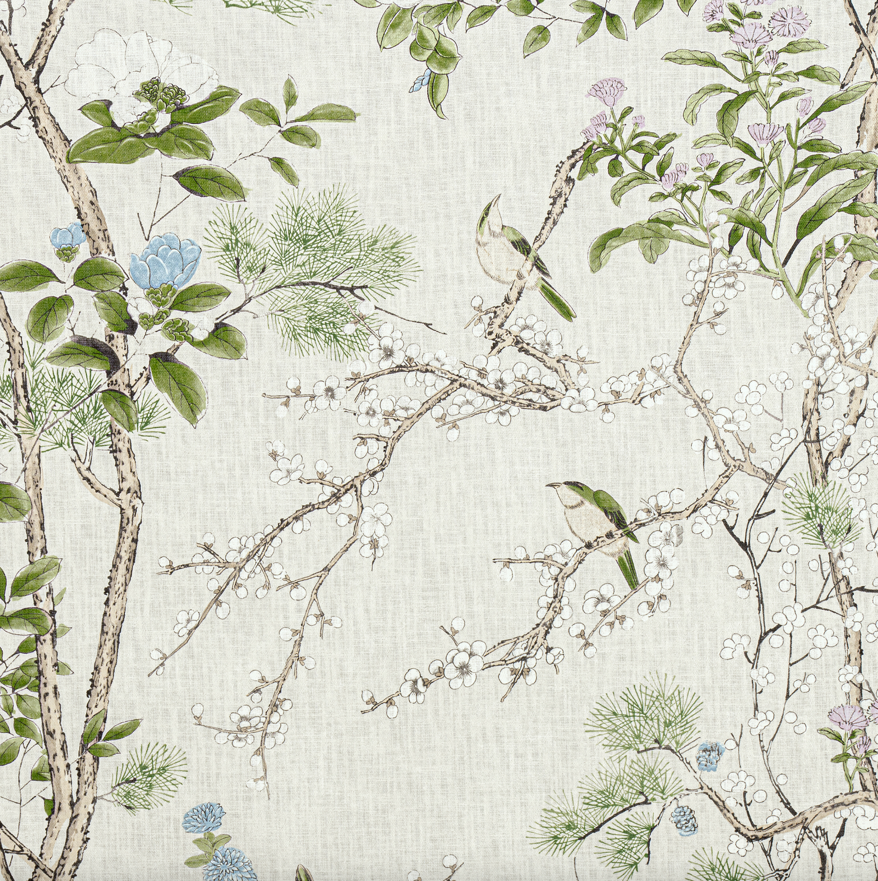 Wallpaper with floral and bird design on a textured background fabric