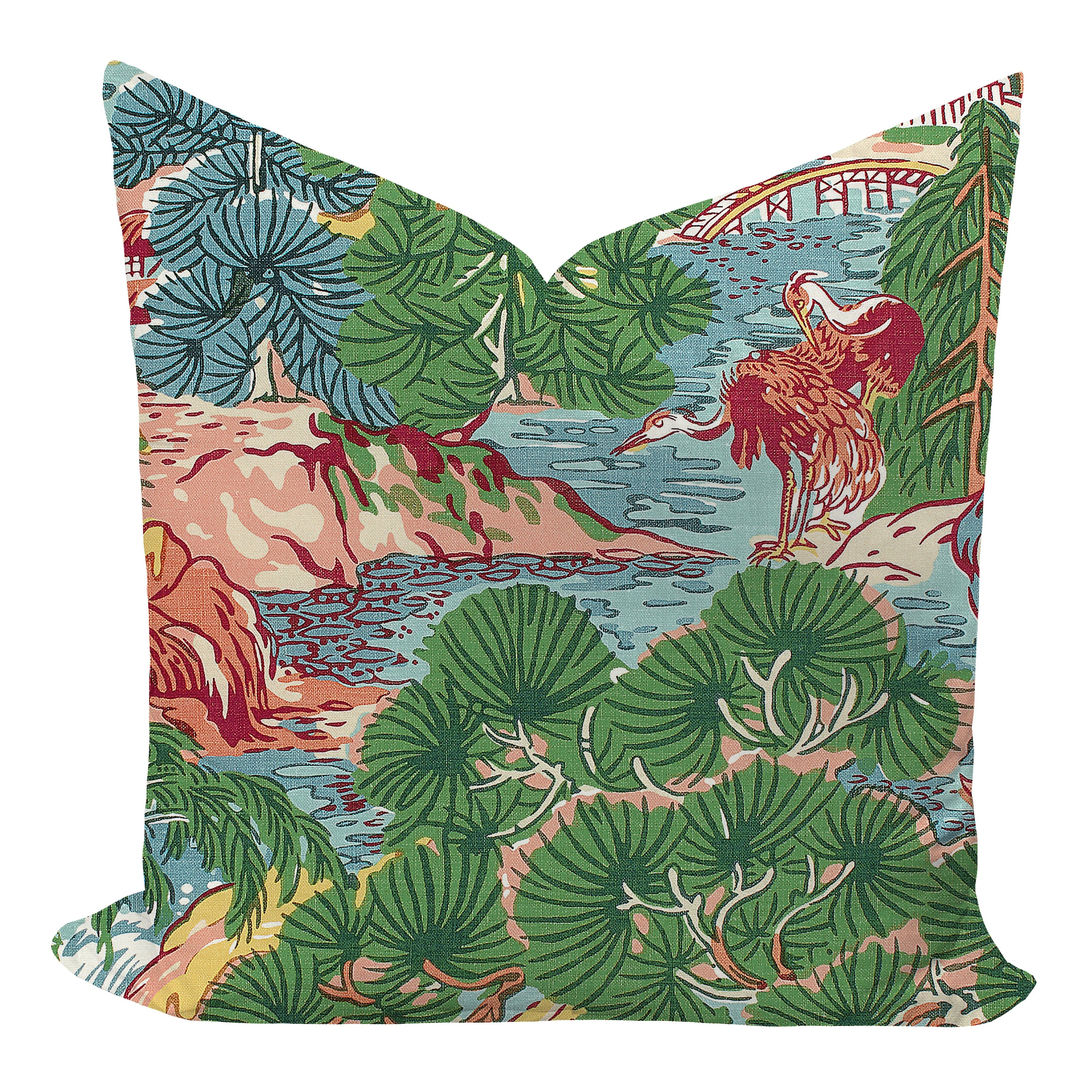 Decorative pillow with tropical landscape design featuring trees and a river on a white background