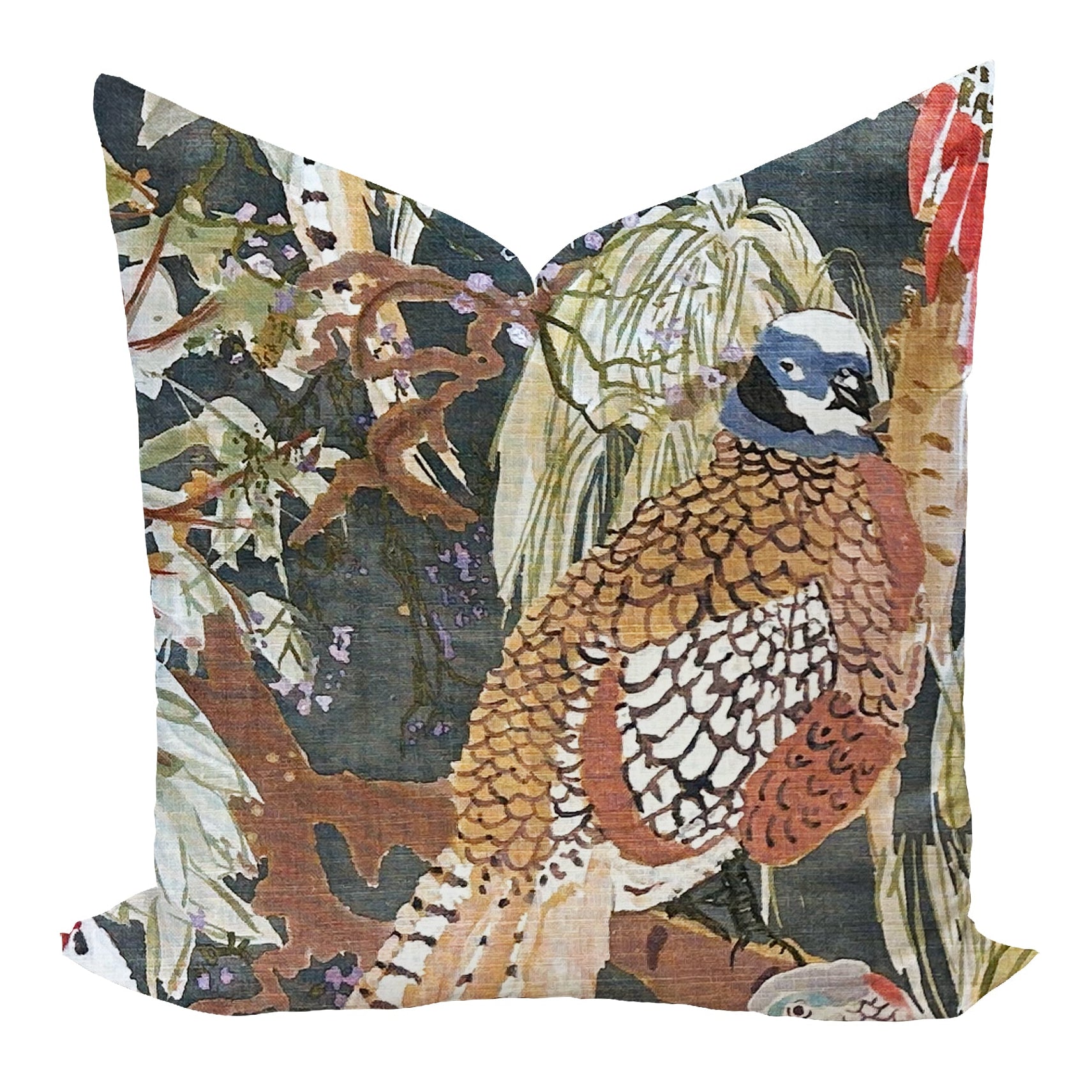 Decorative pillow with a bird and floral pattern on a white background