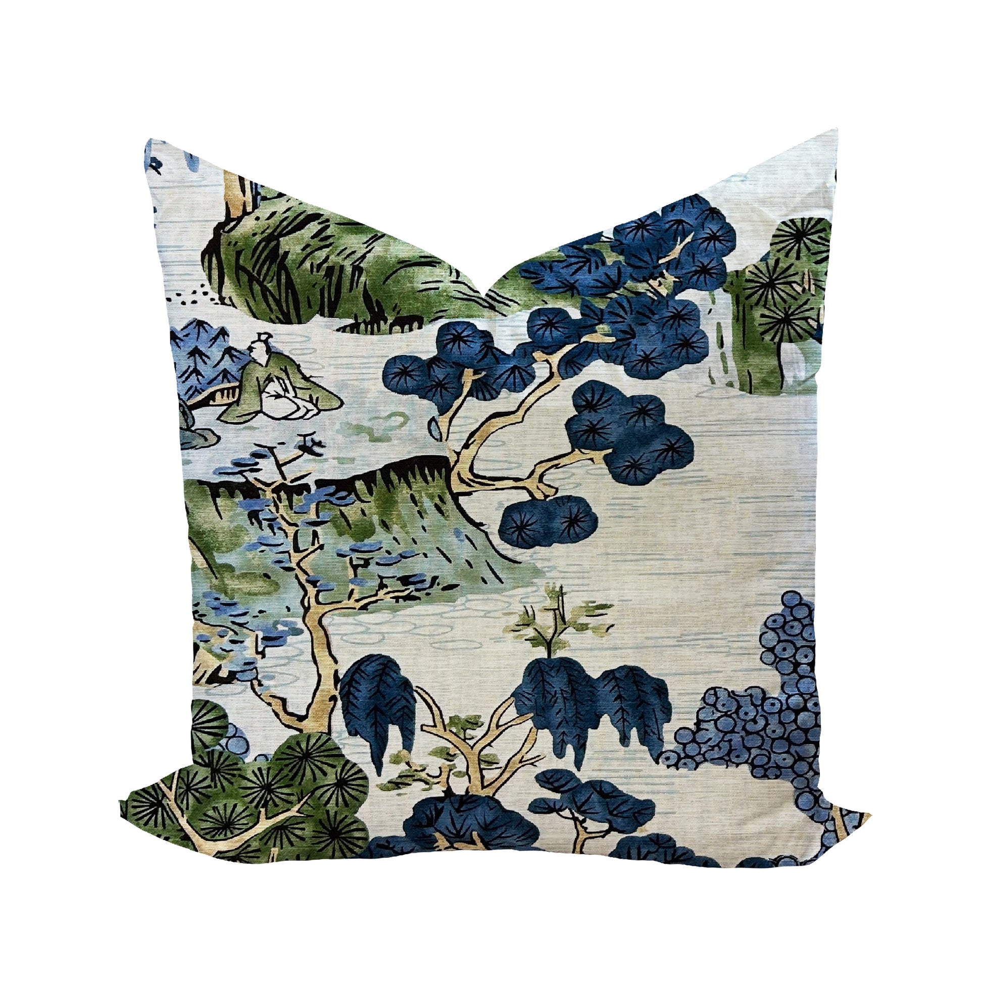 Chinoiserie Asian Scenic Thibaut Throw Pillow in Blue and Green - Chloe &  Olive
