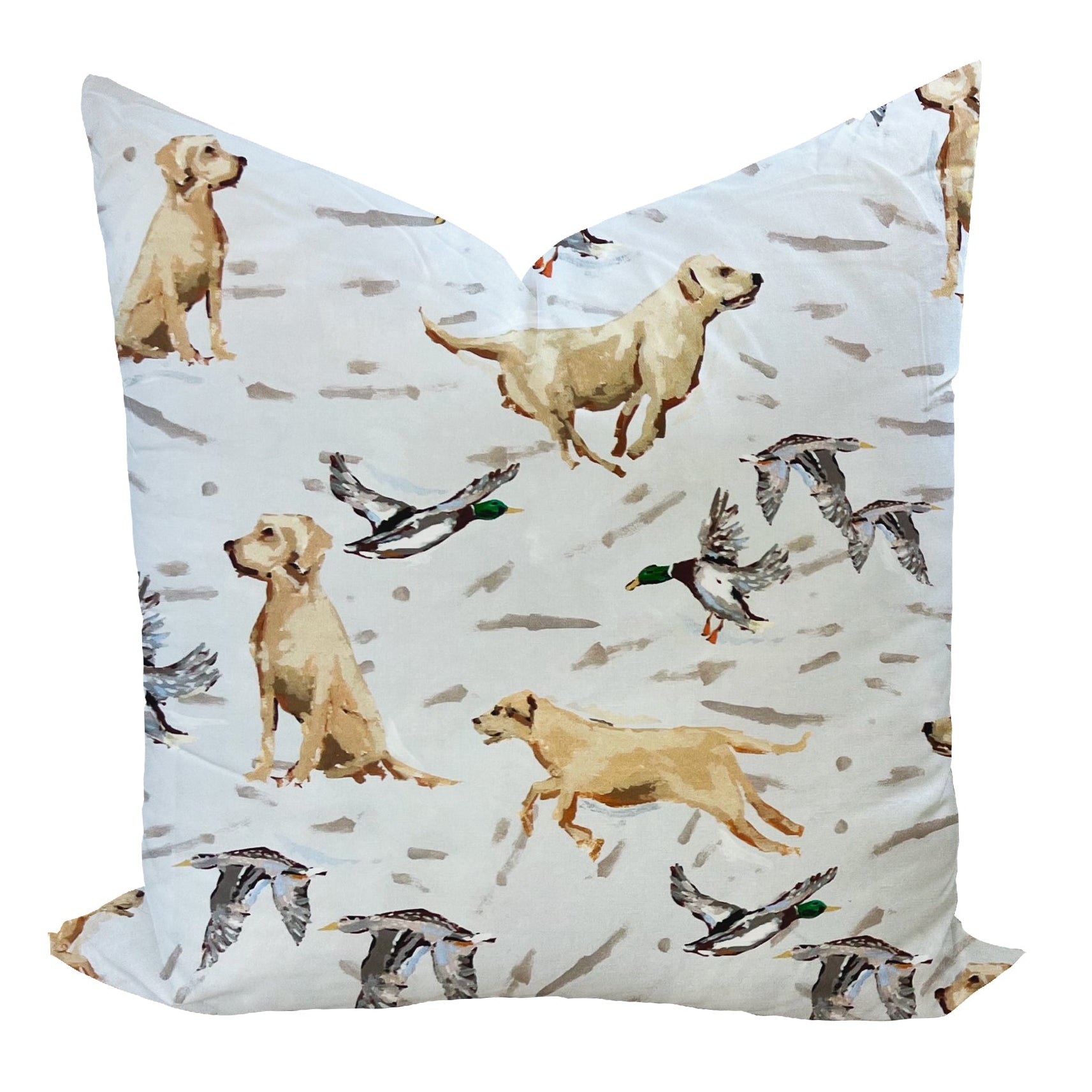 Decorative pillow with dog and duck pattern on a white background