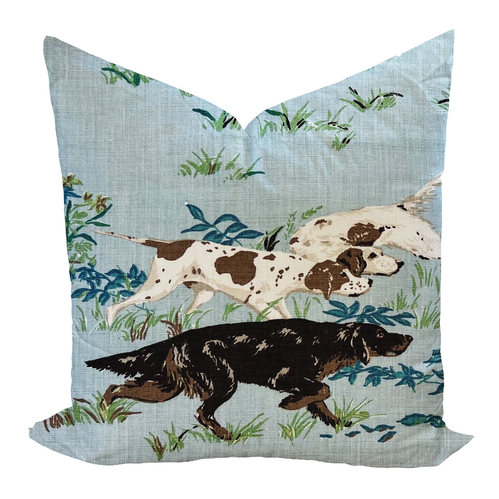 Decorative pillow with hunting dogs design on a light blue background