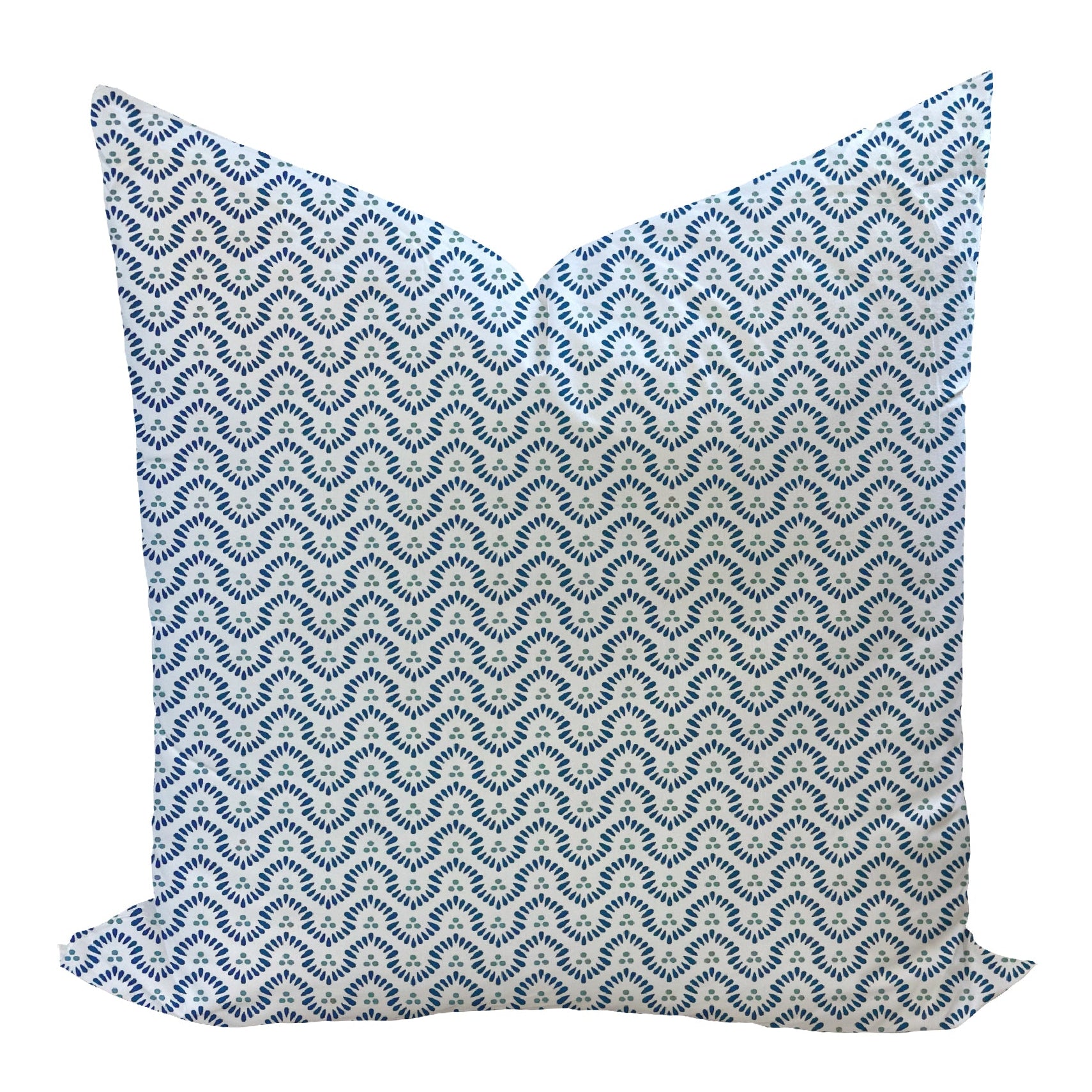 Decorative pillow with blue and white pattern on a white background