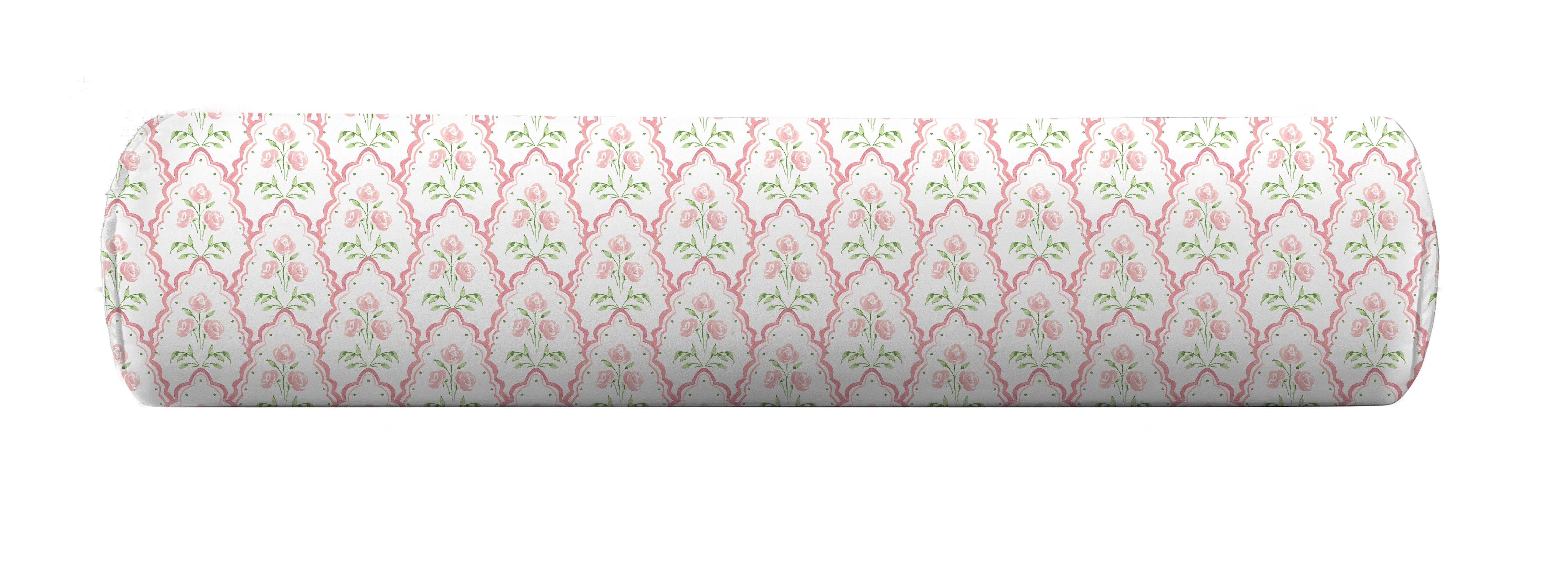 Floral bolster in pink and green by Camilla Moss