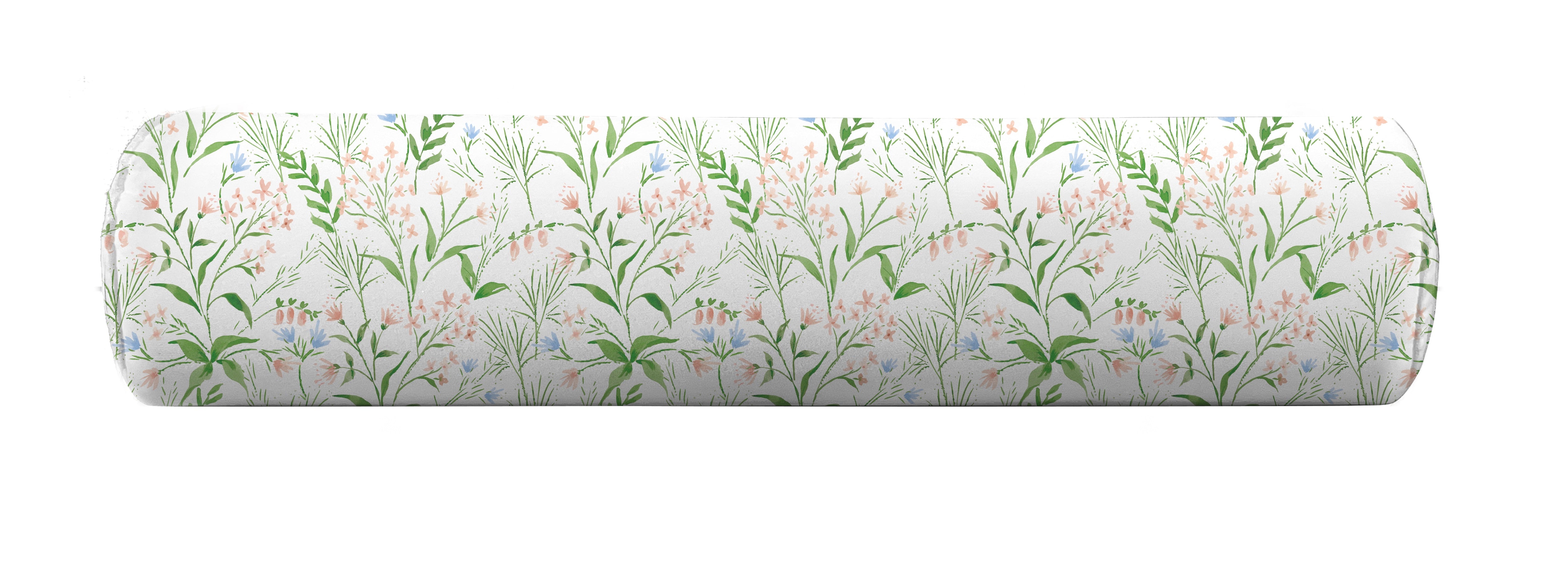 Bolster pillow with pink, green and blue floral pattern by Camilla Moss