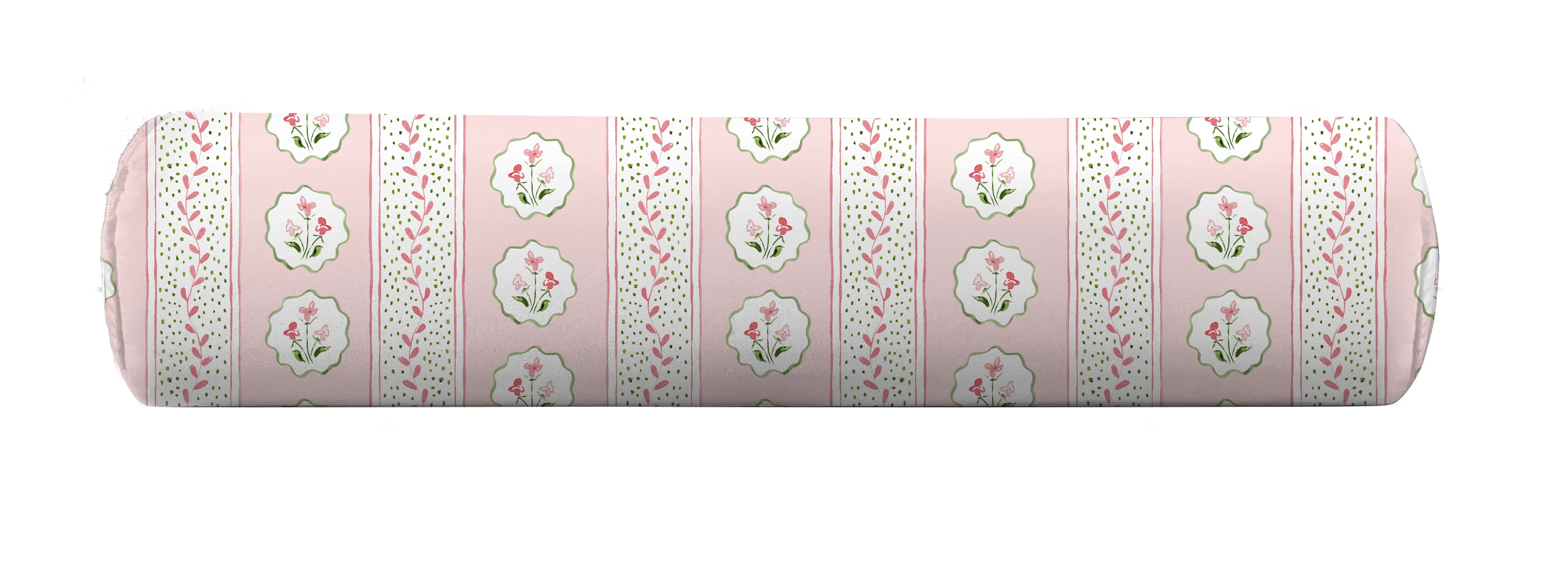 Bolster pillow cover featuring a pink and green floral pattern by Camilla Moss