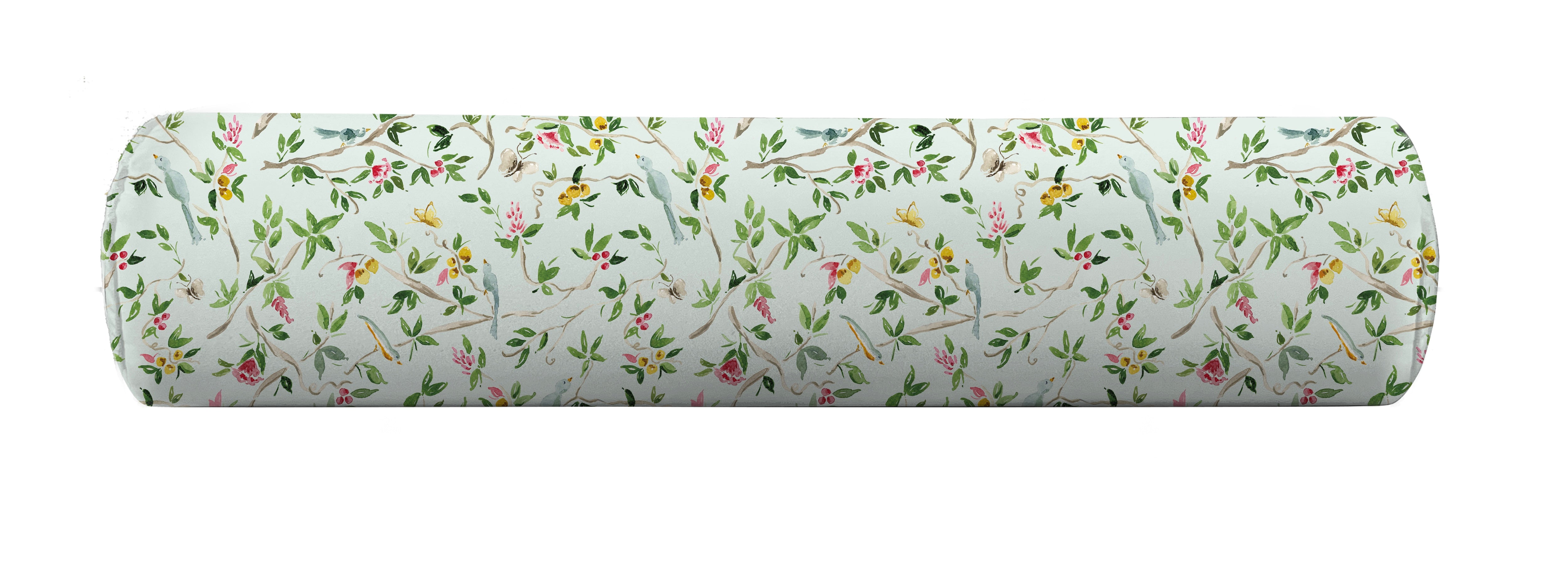 Bolster pillow cover in seaglass with flowers and birds by Camilla Moss