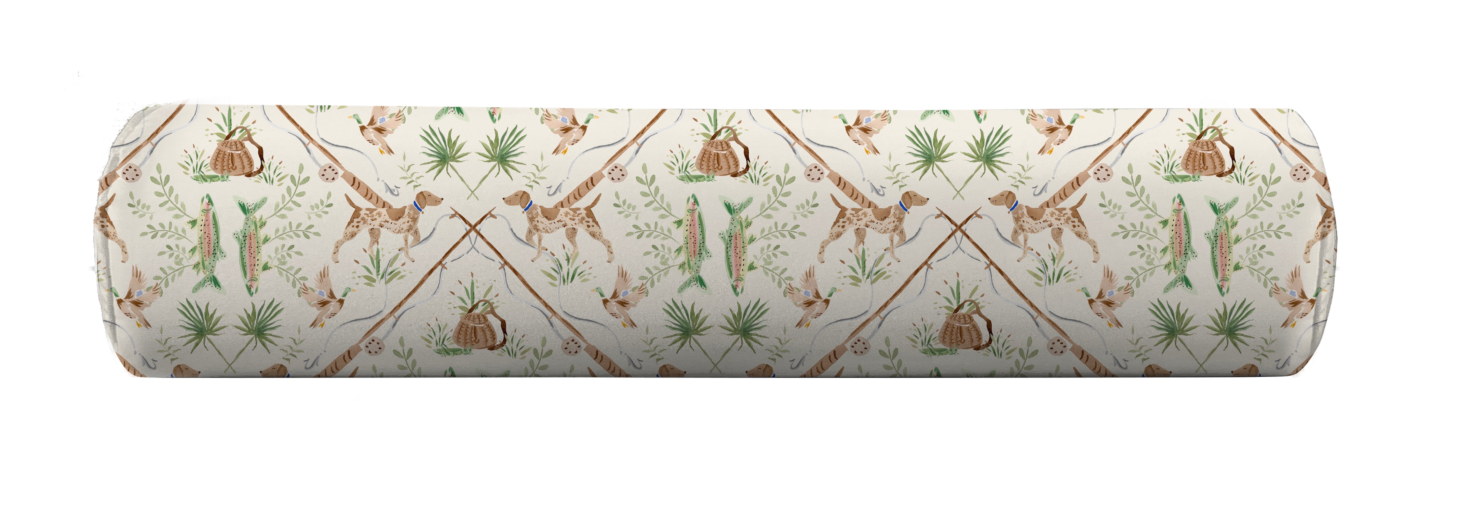 Bolster pillow cover with hunting scene by Camilla Moss