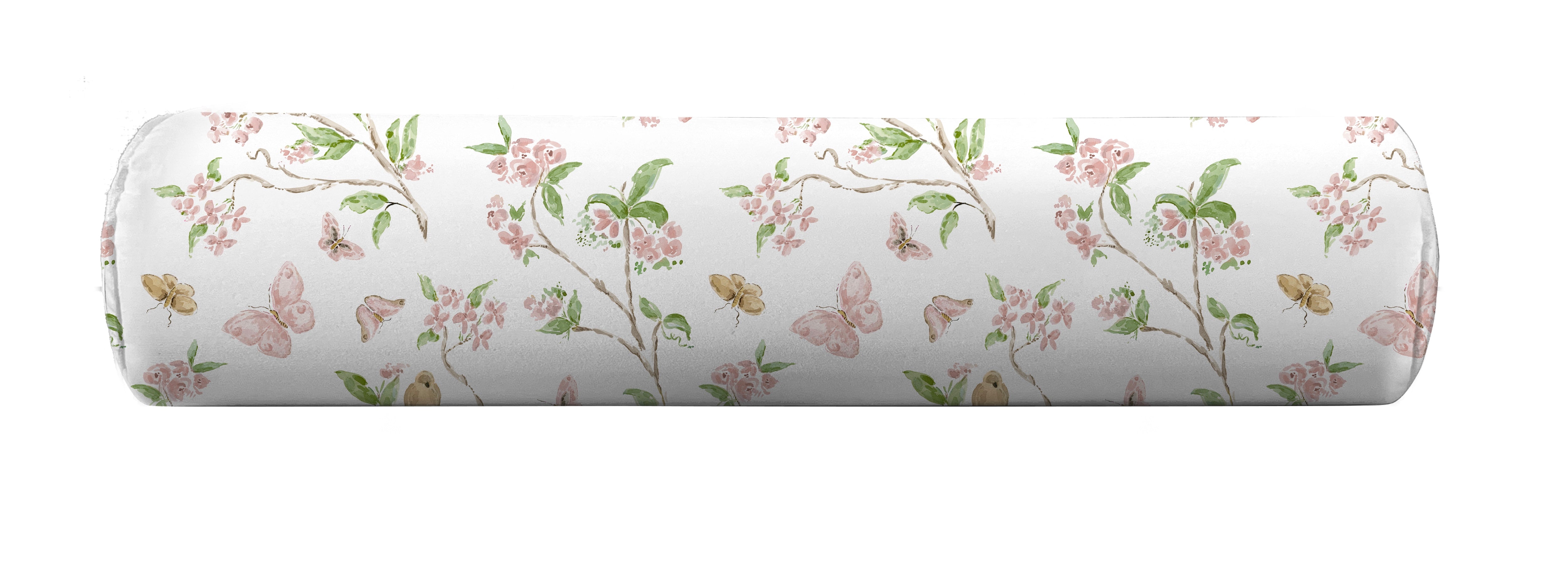 Bolster pillow cover with butterflies in pink and green by Camilla Moss