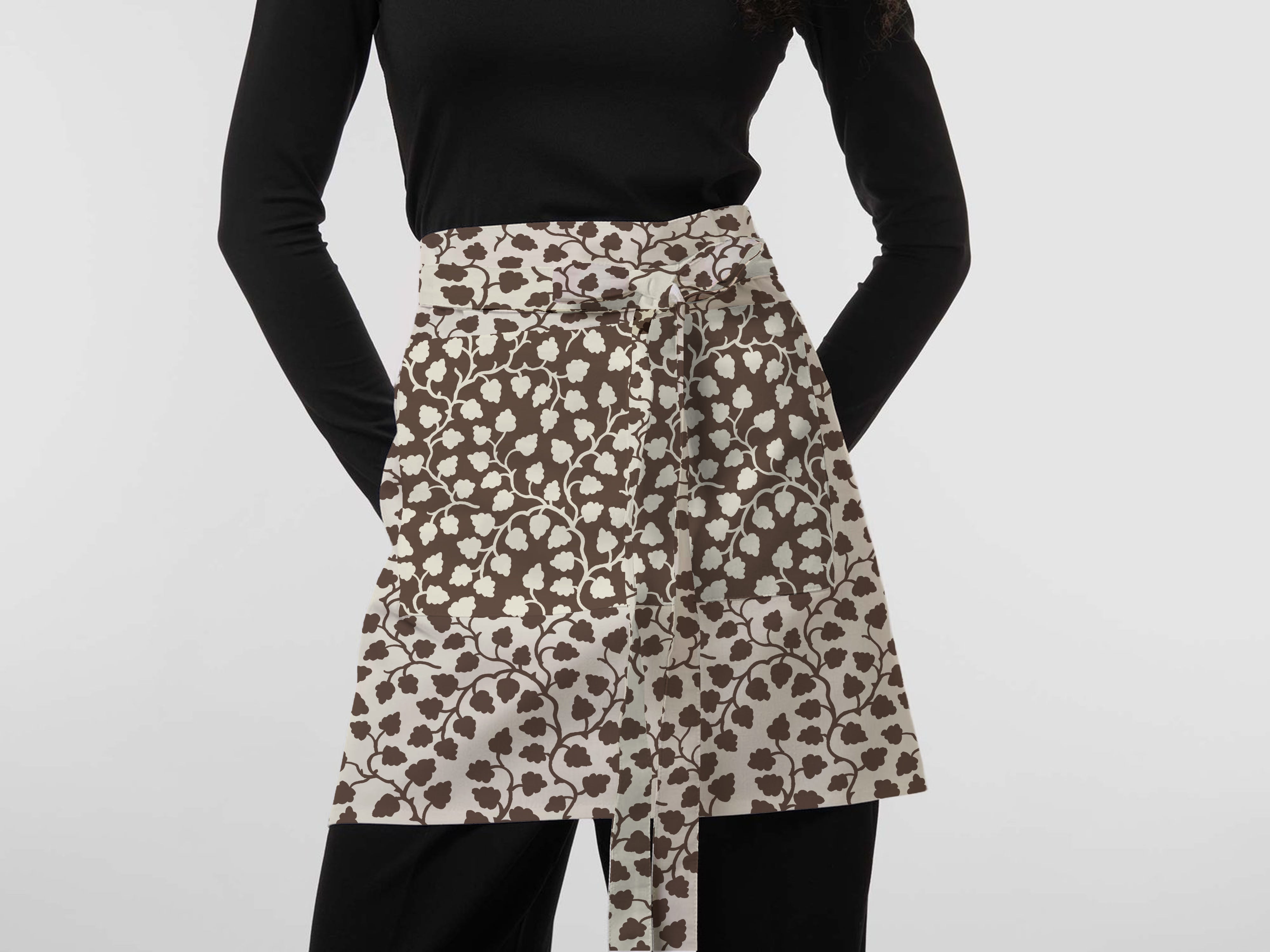 Kitchen Apron in brown and white vine pattern