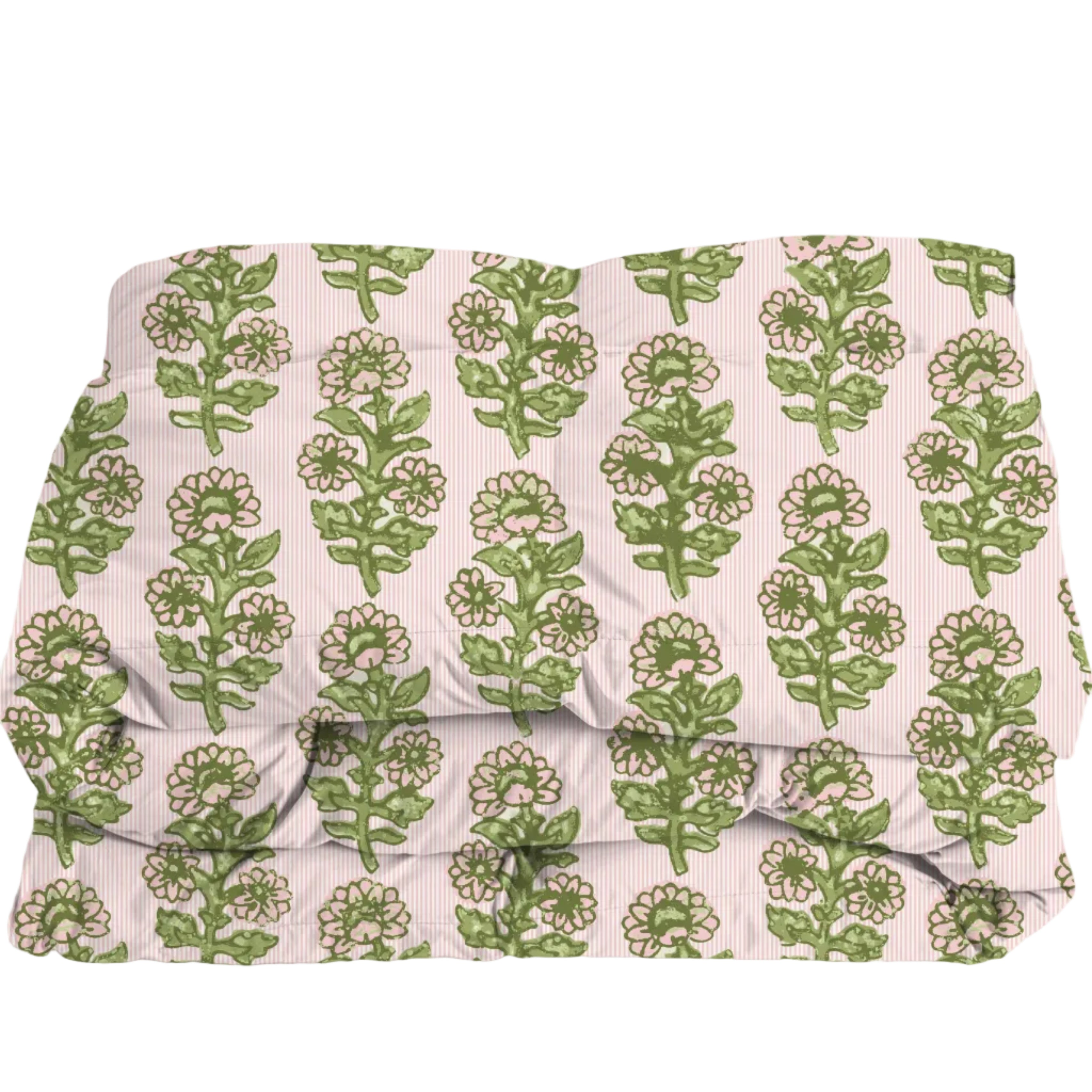 Floral and striped comforter in pink and green