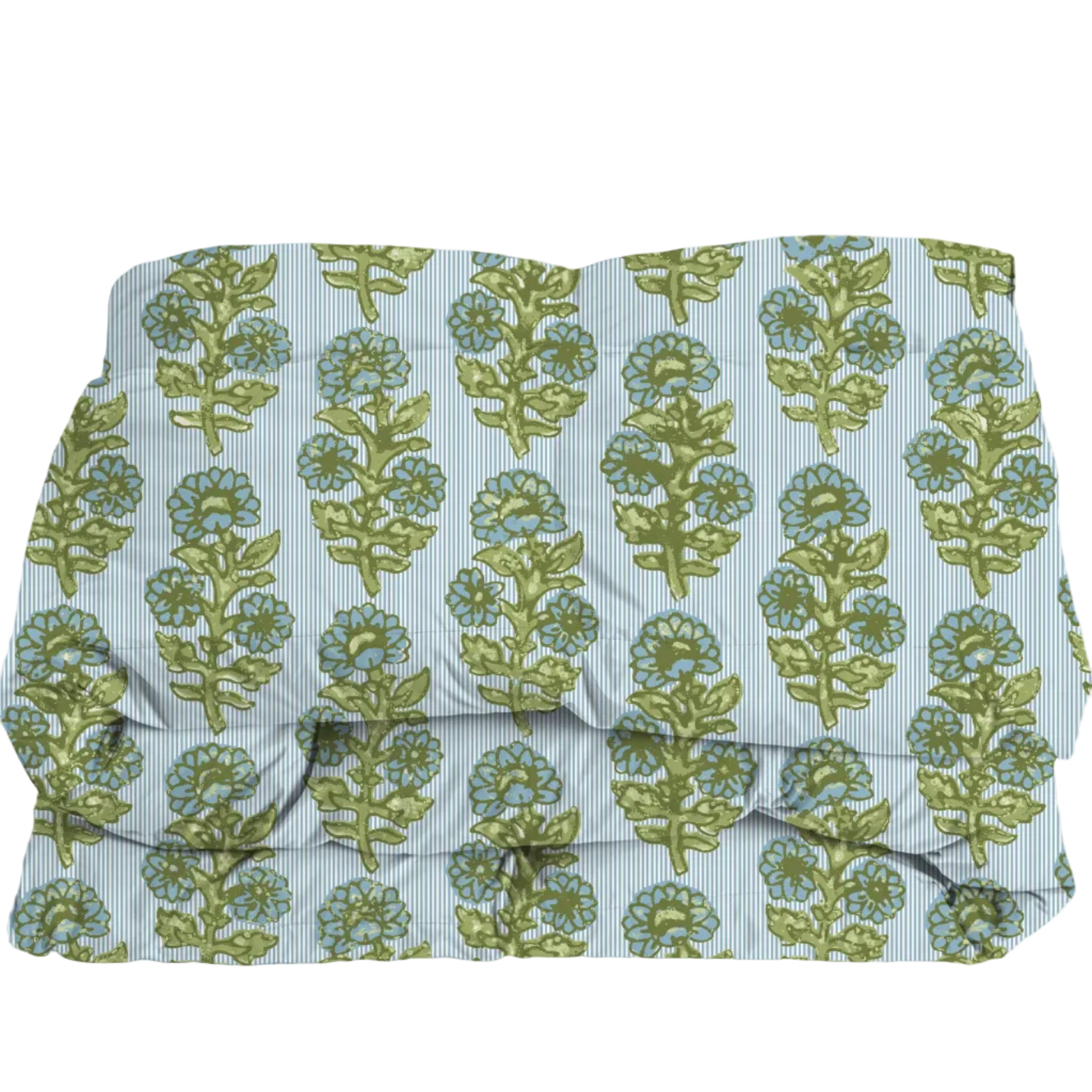 floral and striped comforter in blue and green