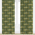 Fish pattered drapes with a green background