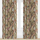 Window with patterned curtains featuring birds and nature.