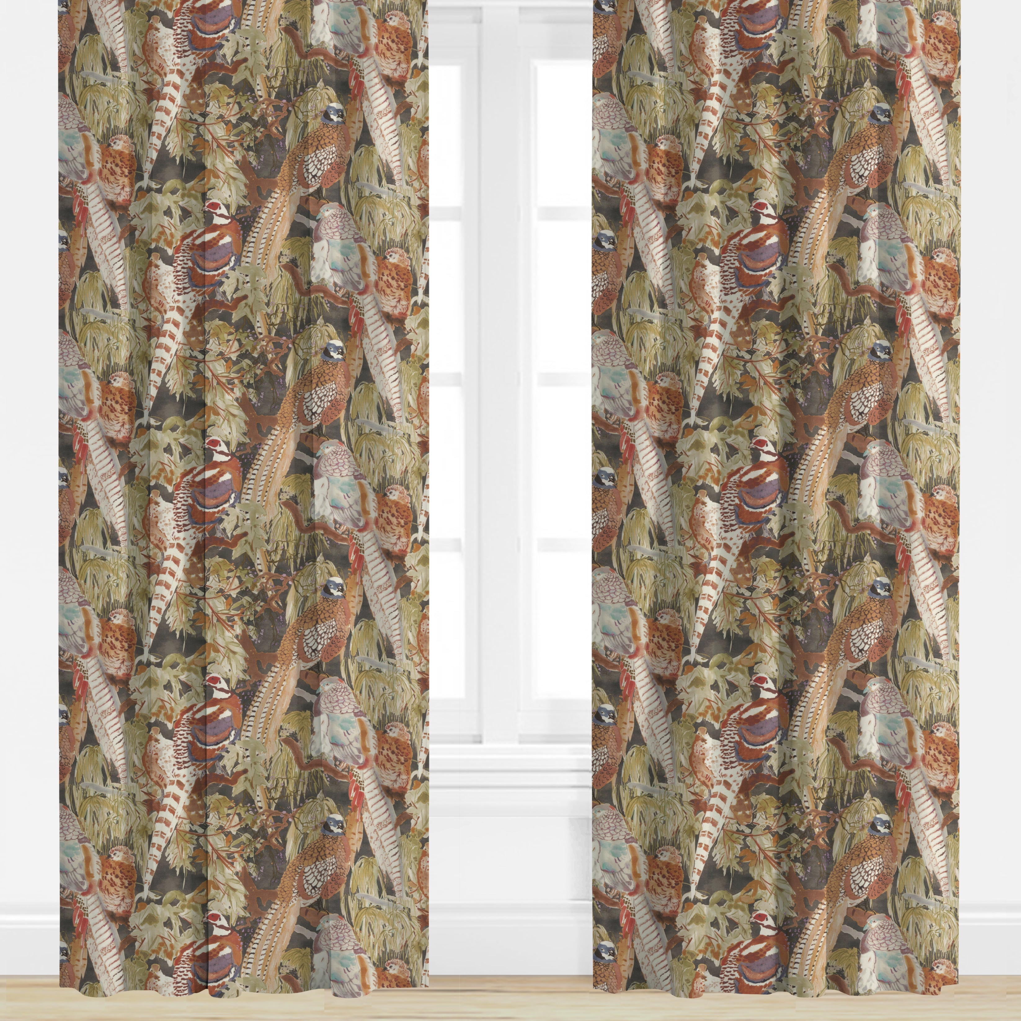 Window with patterned curtains featuring birds and nature.