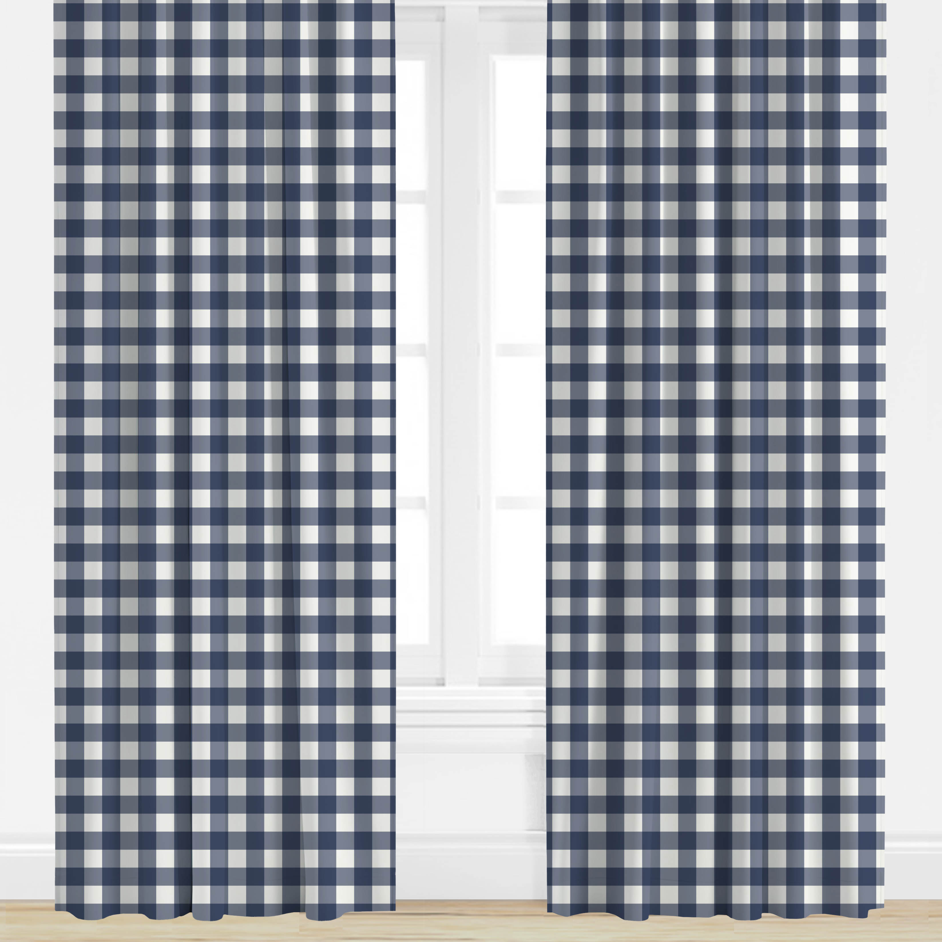 Navy blue checkered drapes