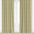 Yellow and white checkered curtains on a window with a white background