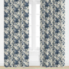 Floral patterned curtains with blue flowers on a white background