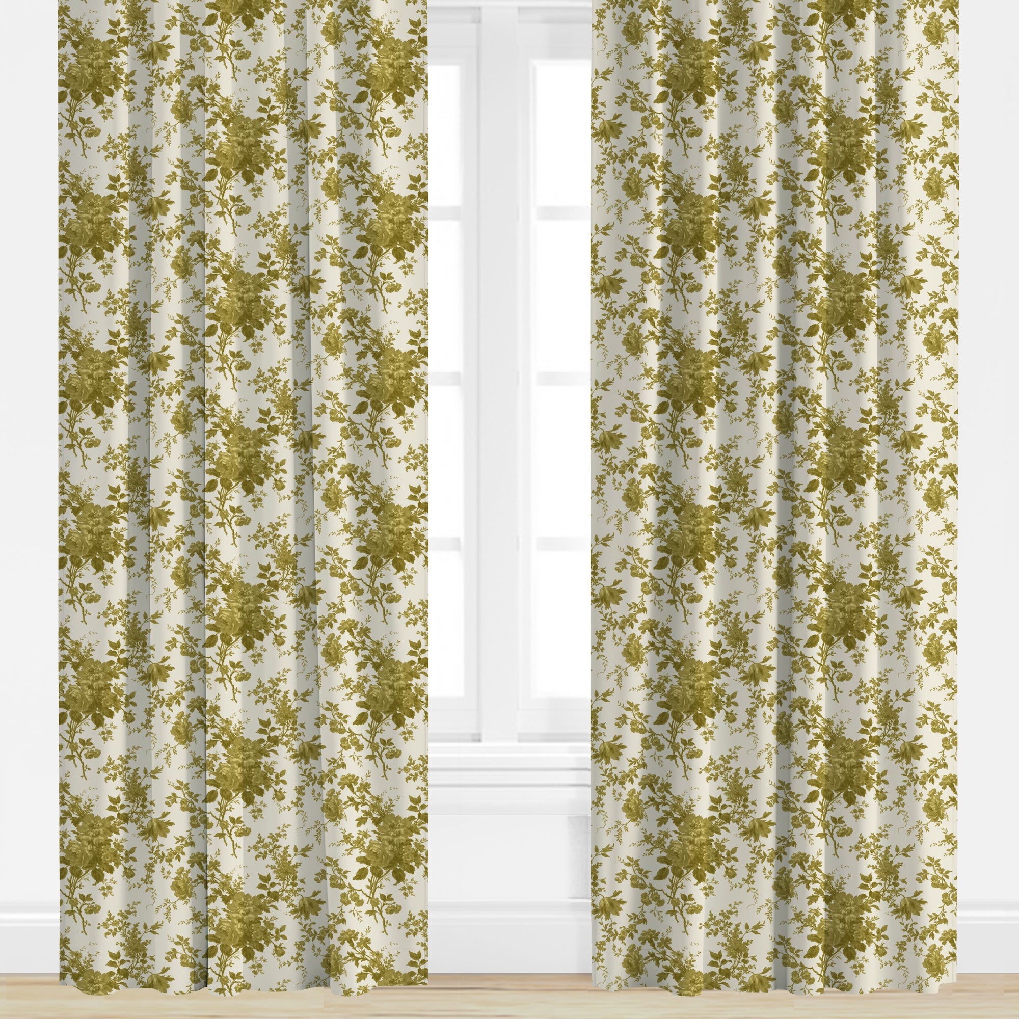 Floral patterned curtains in dijon on a white window with a light background