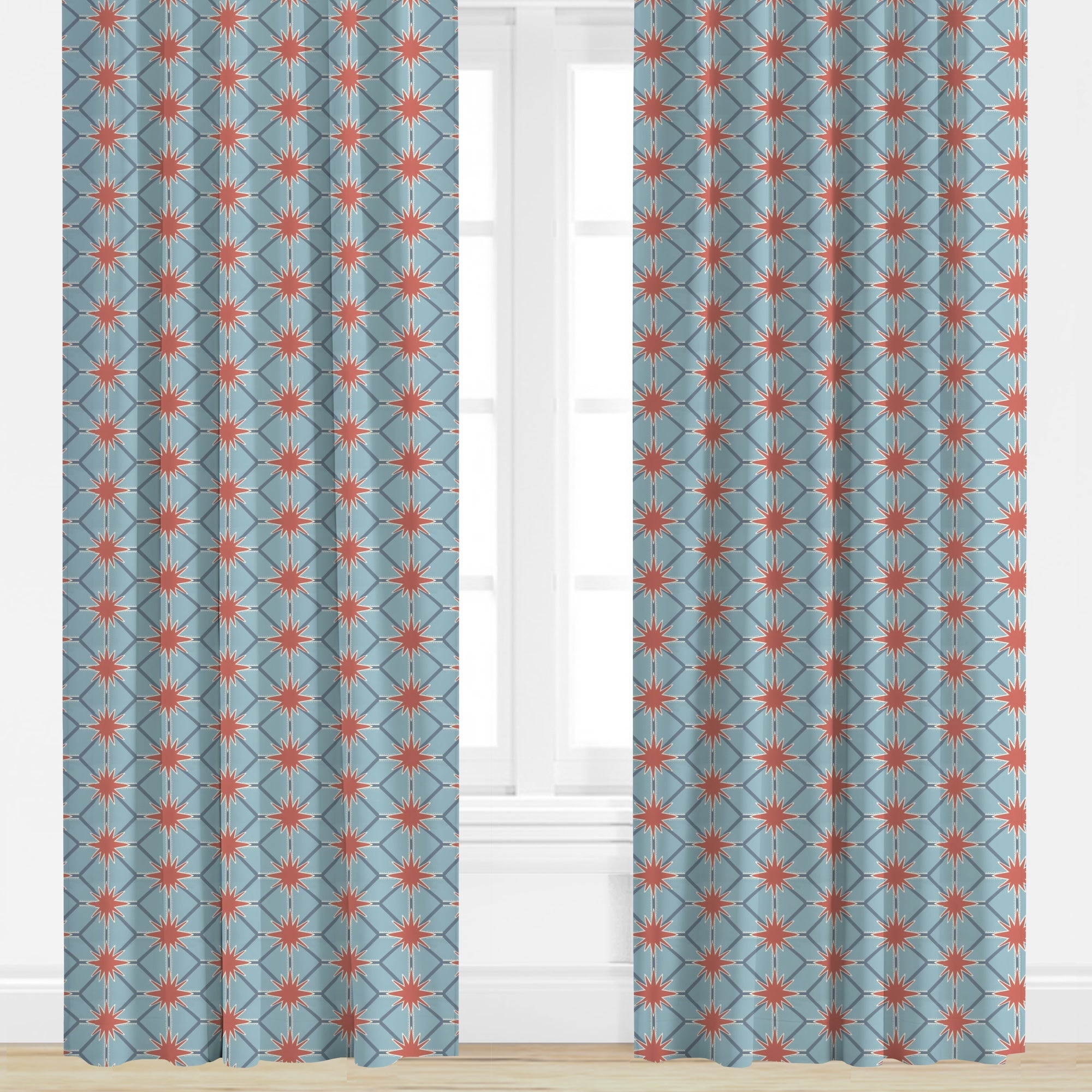 star patterned drapes in red and blue