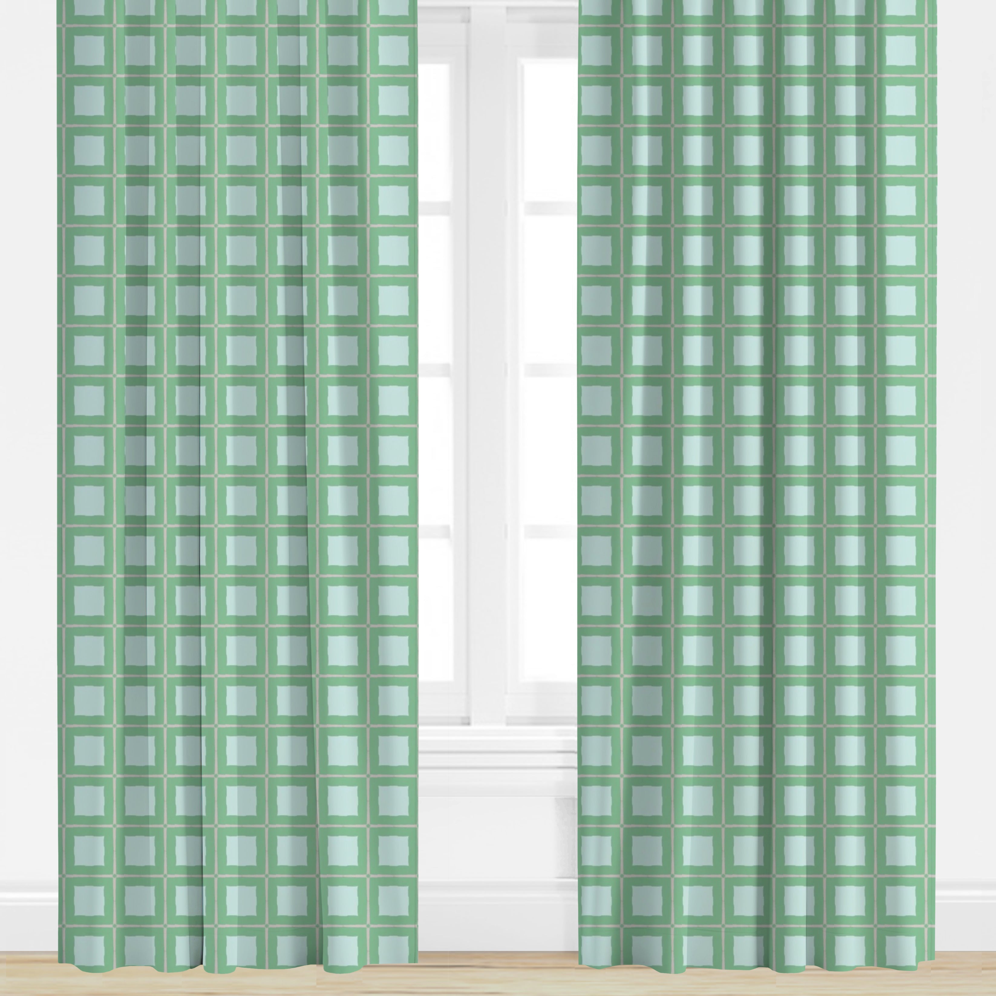 Checkered patterned drapes in blue and green