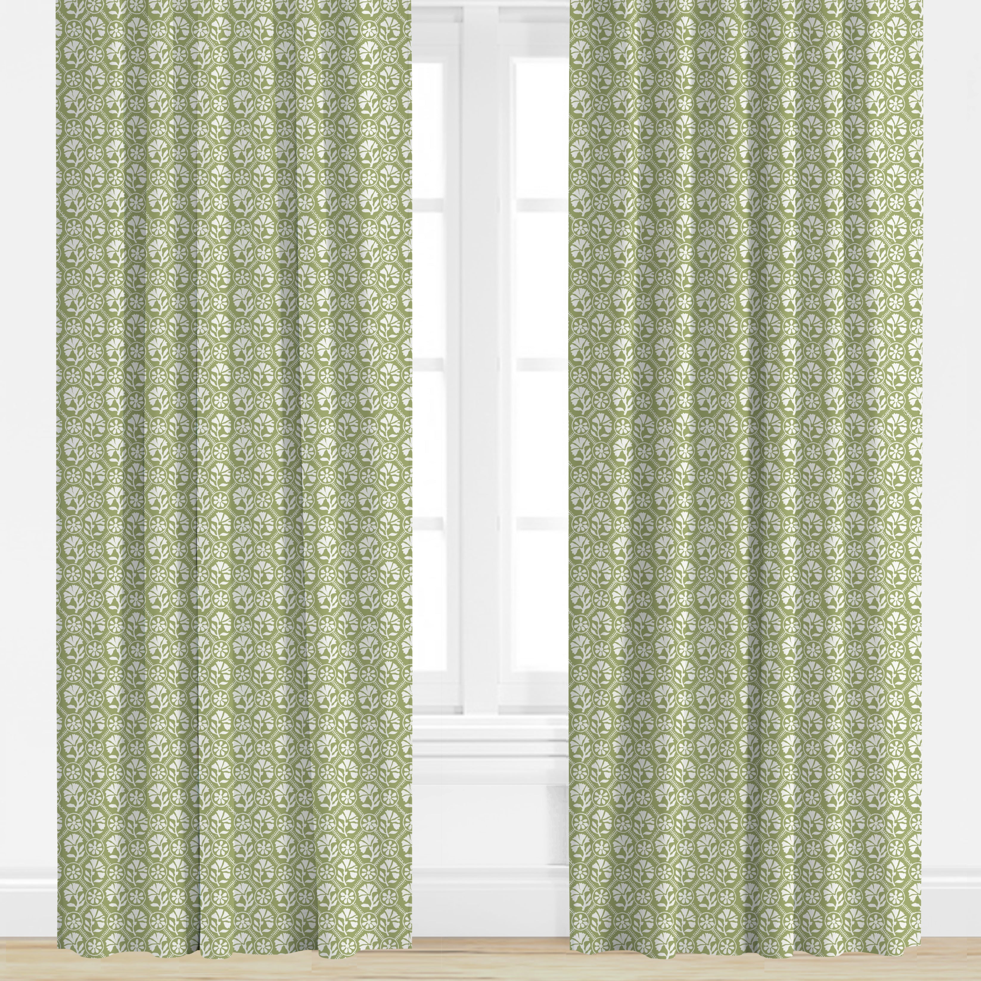 Green floral block print drapery
