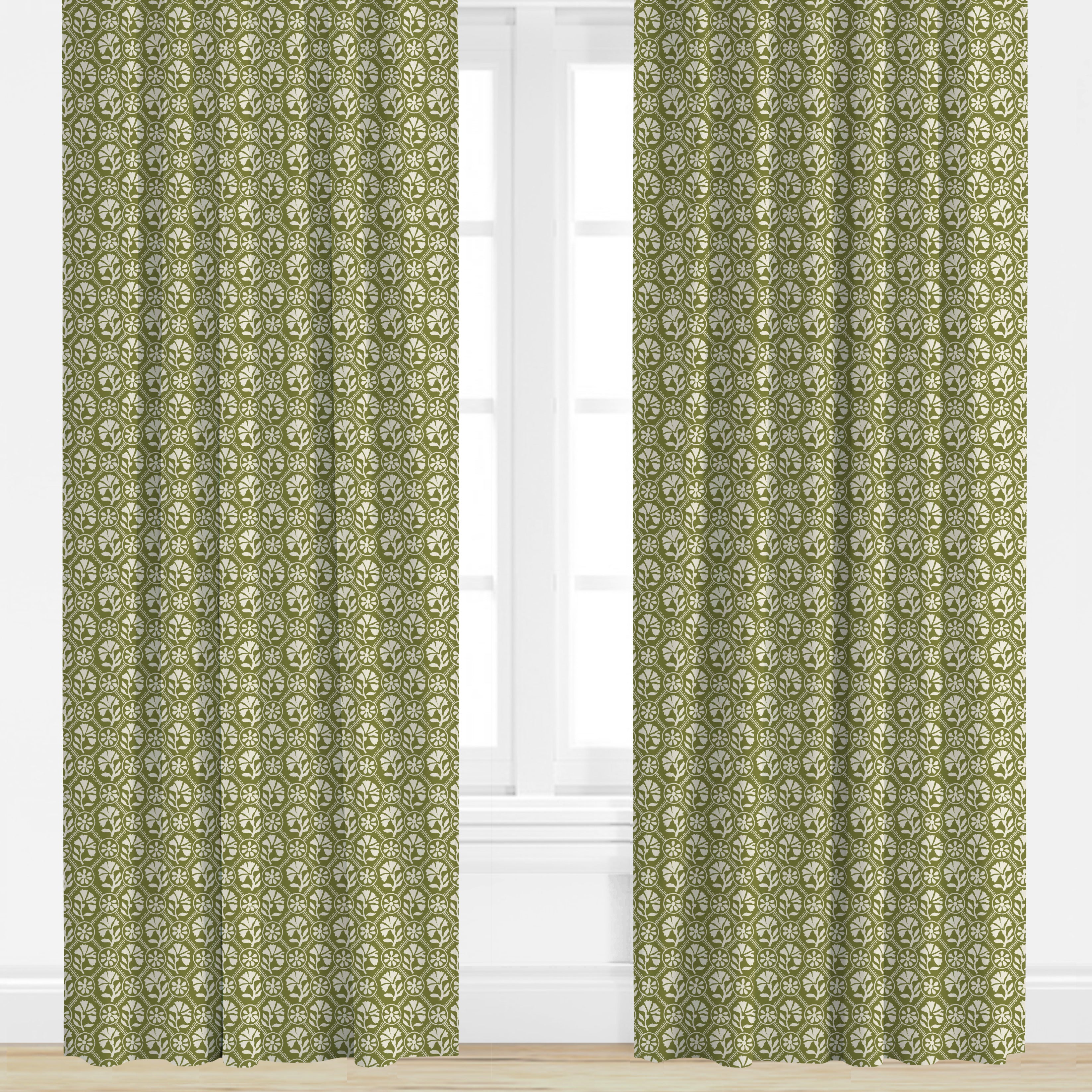 block print Floral Olive green drapes