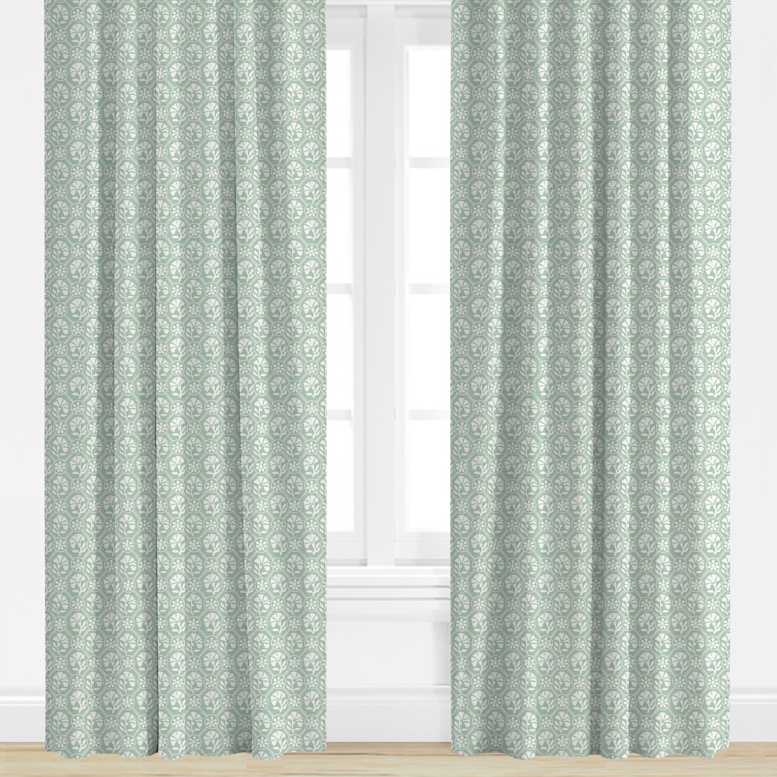 Floral block print drapes in seafoam