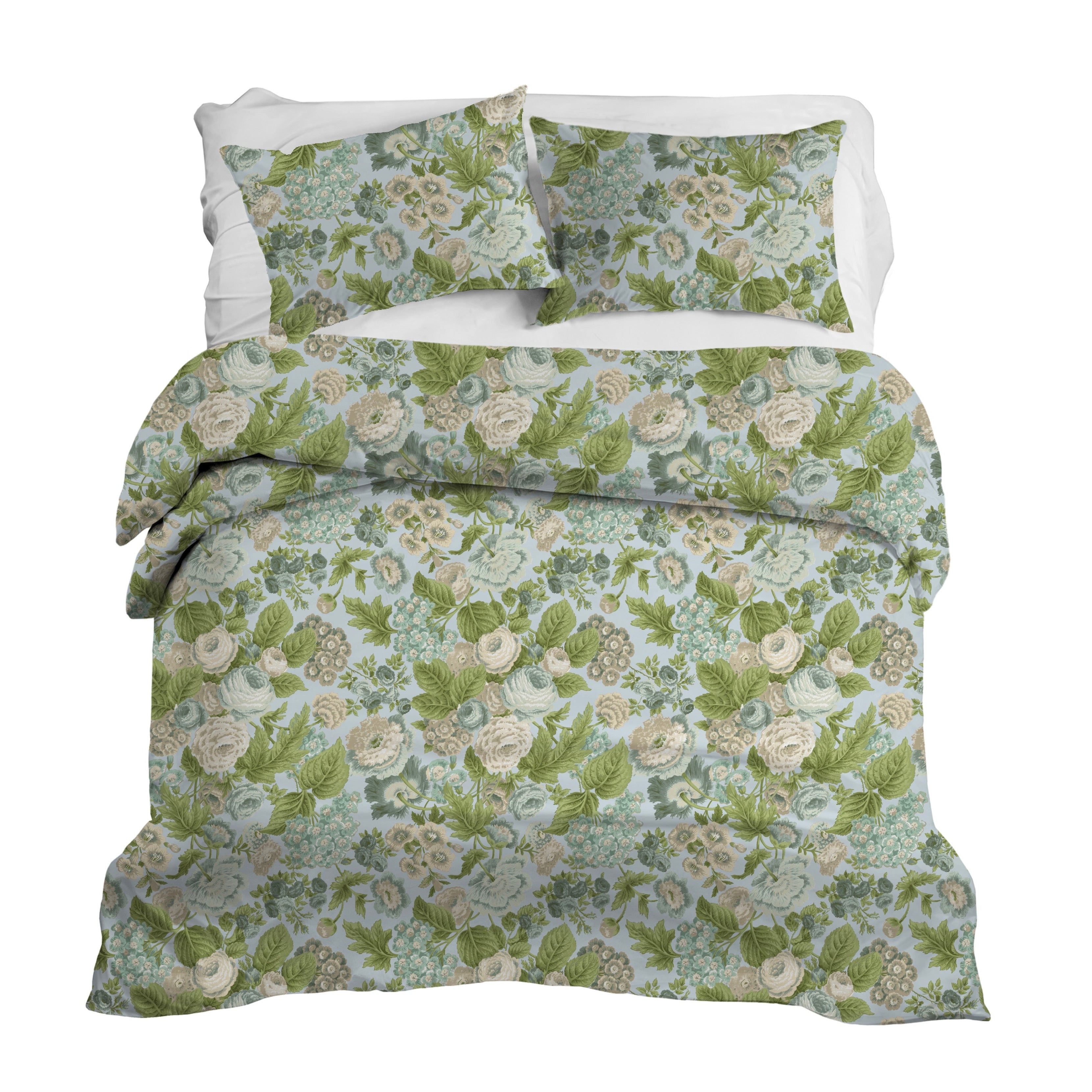 Floral bedding set with blue, green and white pattern on a white background