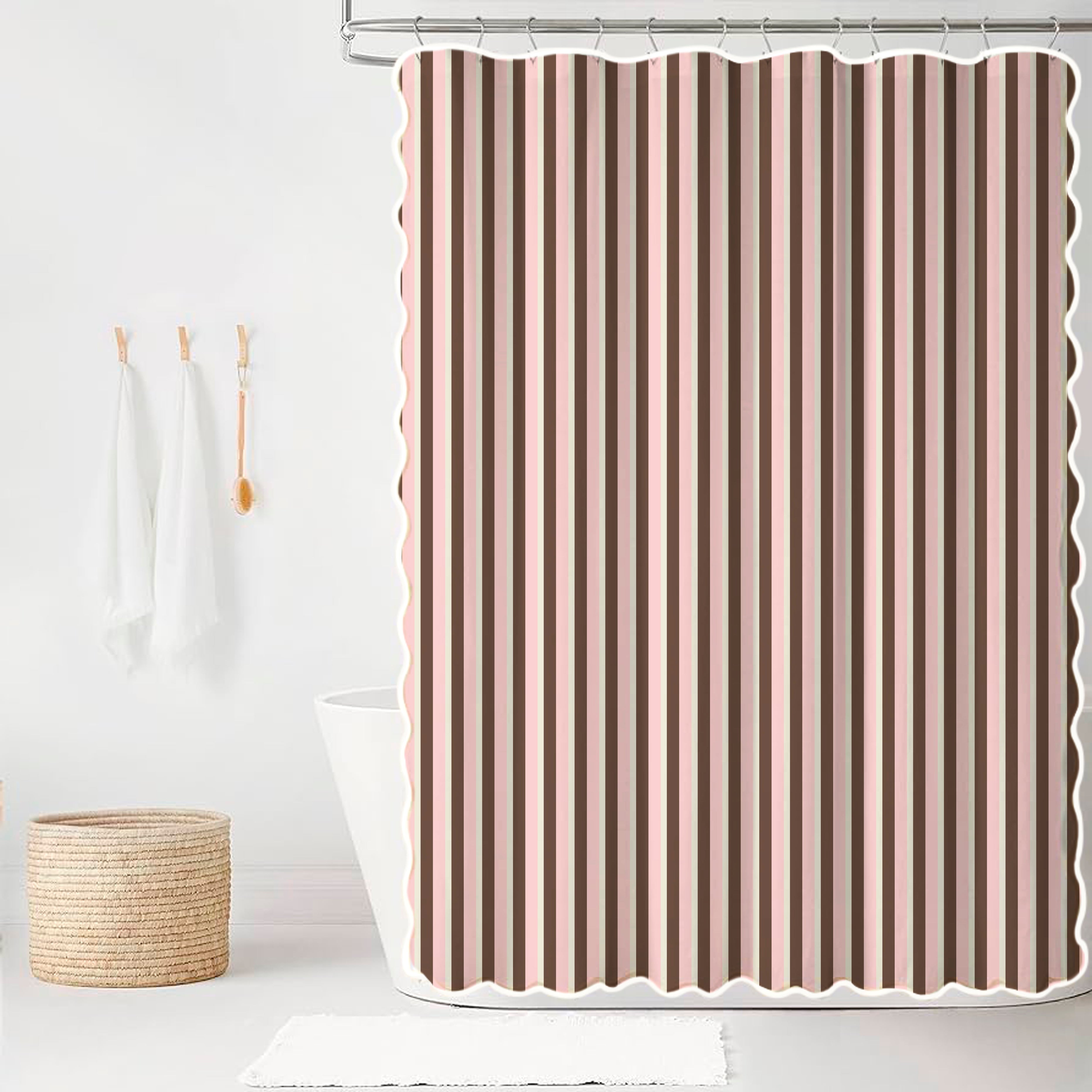 Striped shower curtain in pink and brown