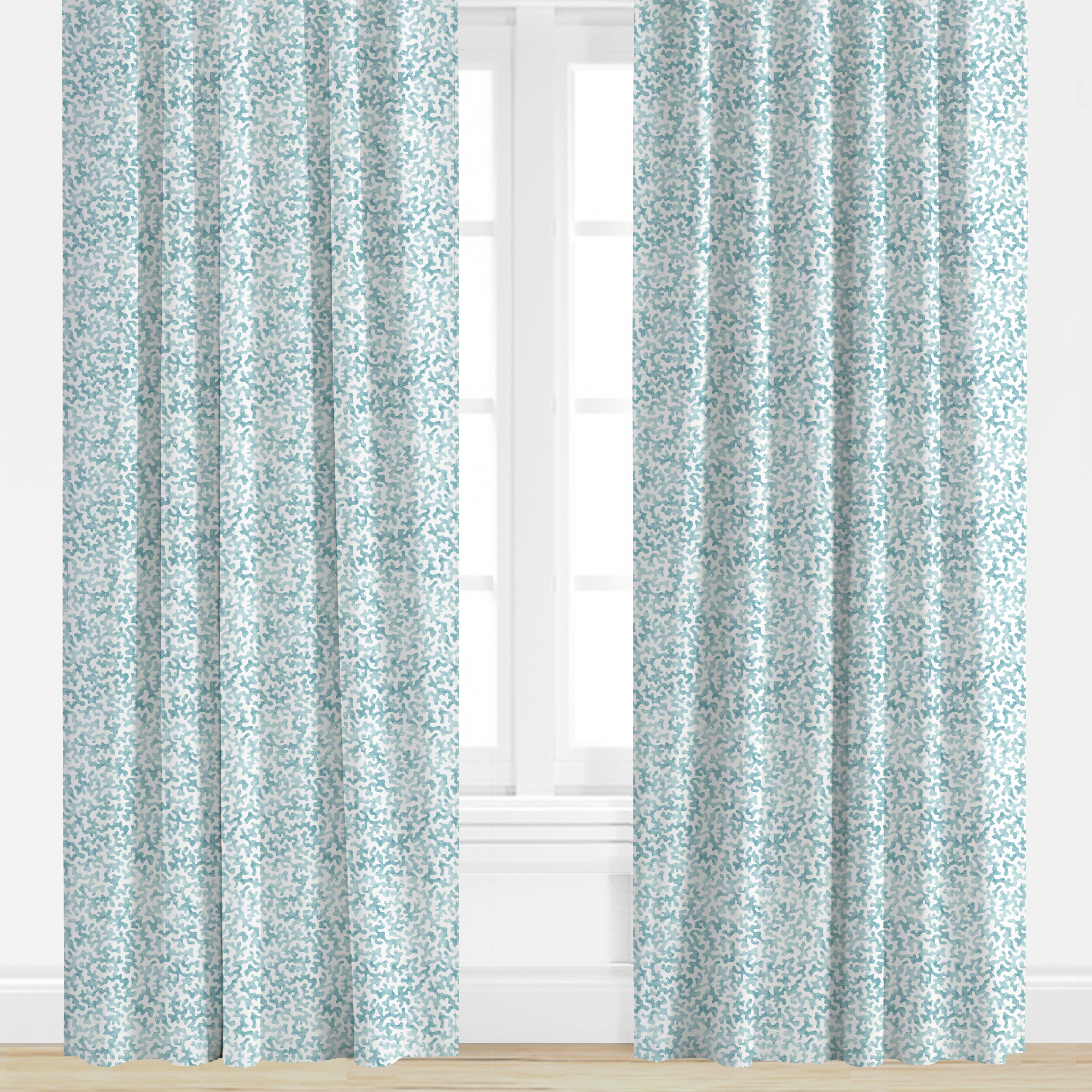 Coral patterned drapery panel in aqua
