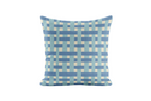 Decorative pillow with blue woven geometric pattern on a white background