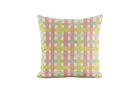 Decorative pillow with a striped, geometric pattern in green, chartreuse and pink on a white background