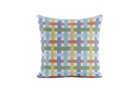 Decorative pillow with a multi colored geometric pattern on a white background