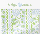 Patterned fabric with floral and wavy designs, branded 'Evelyn Henson'.