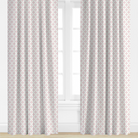 pink Patterned curtains on a window with a light background