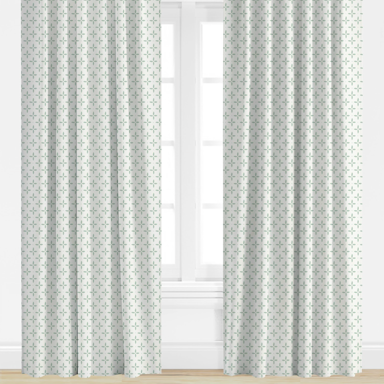 seafoam, star Patterned curtains on a window with a white background